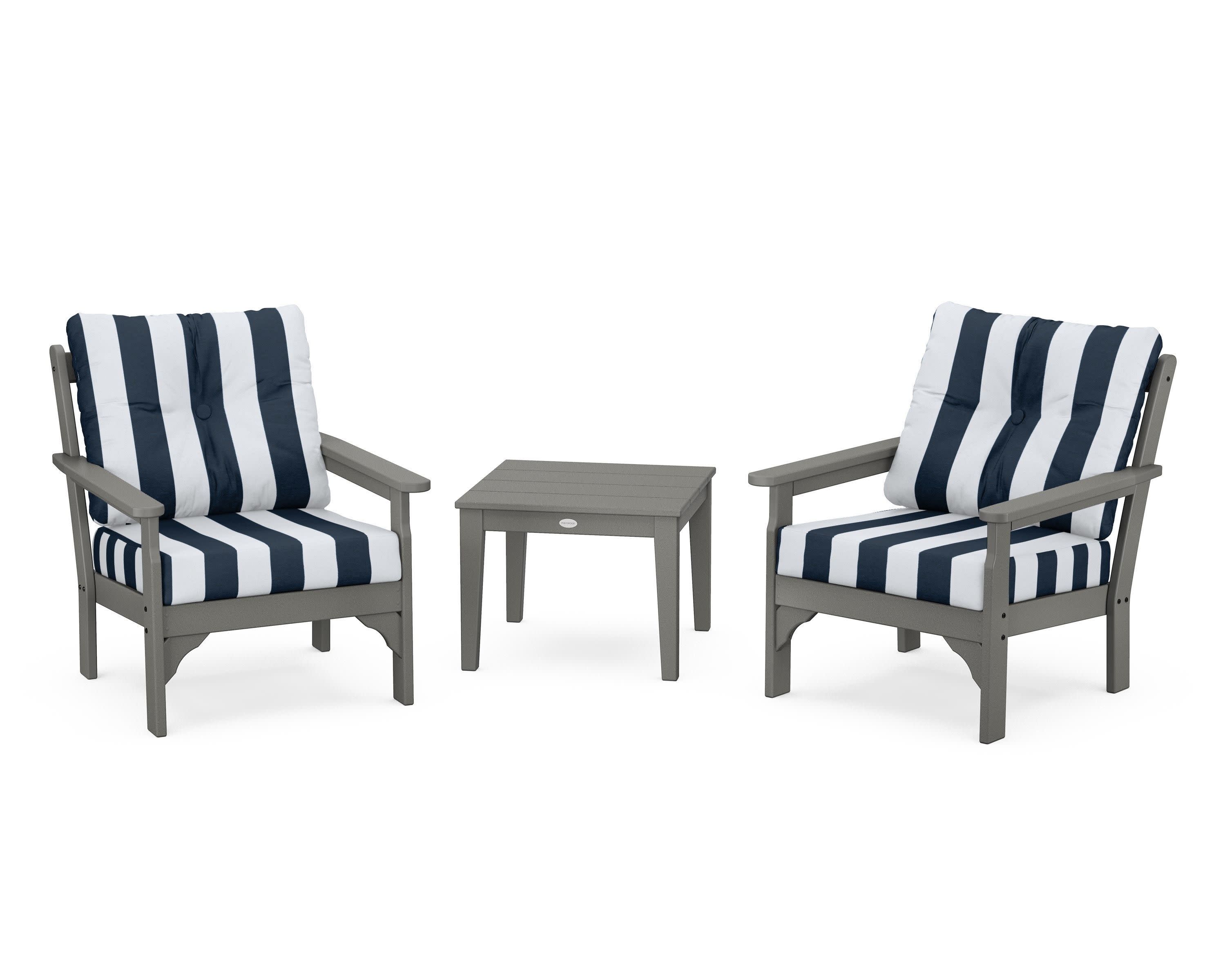 Vineyard 3-Piece Deep Seating Set in Slate Grey / Cabana Stripe Marine Indigo
