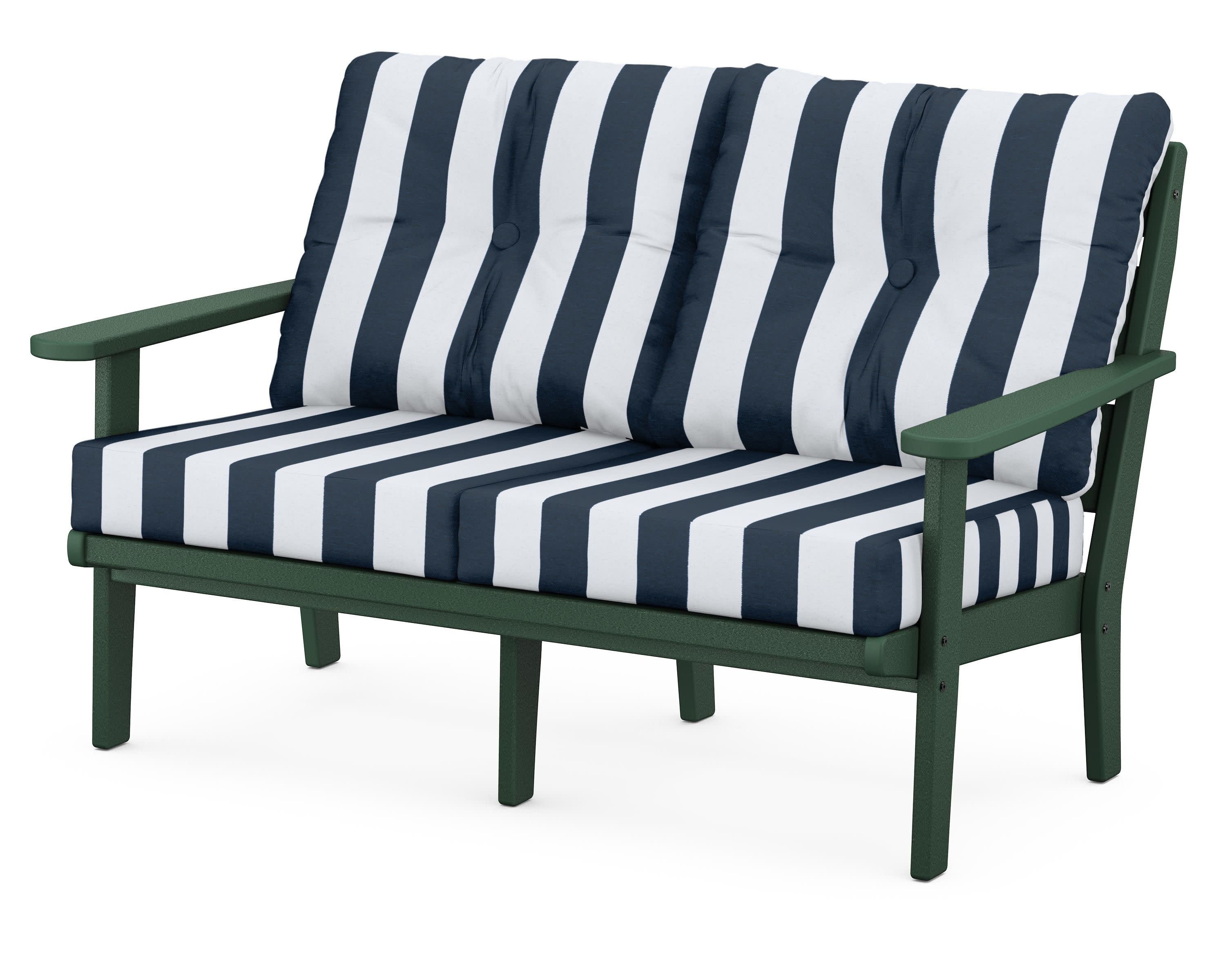 Lakeside Deep Seating Loveseat in Green / Cabana Stripe Marine Indigo