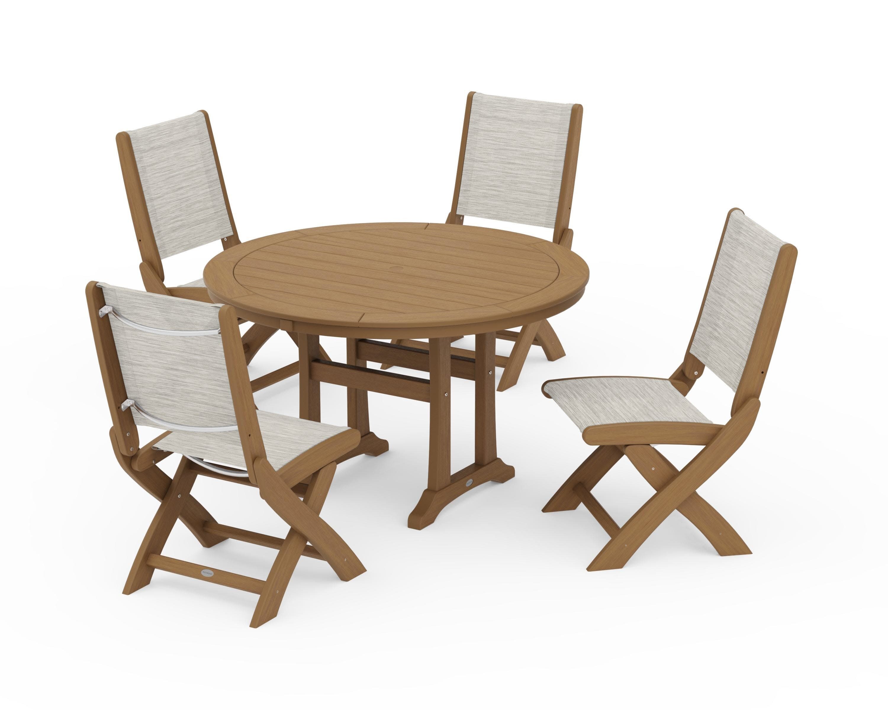 Coastal Folding Side Chair 5-Piece Round Dining Set With Trestle Legs in Natural / Birch Sling