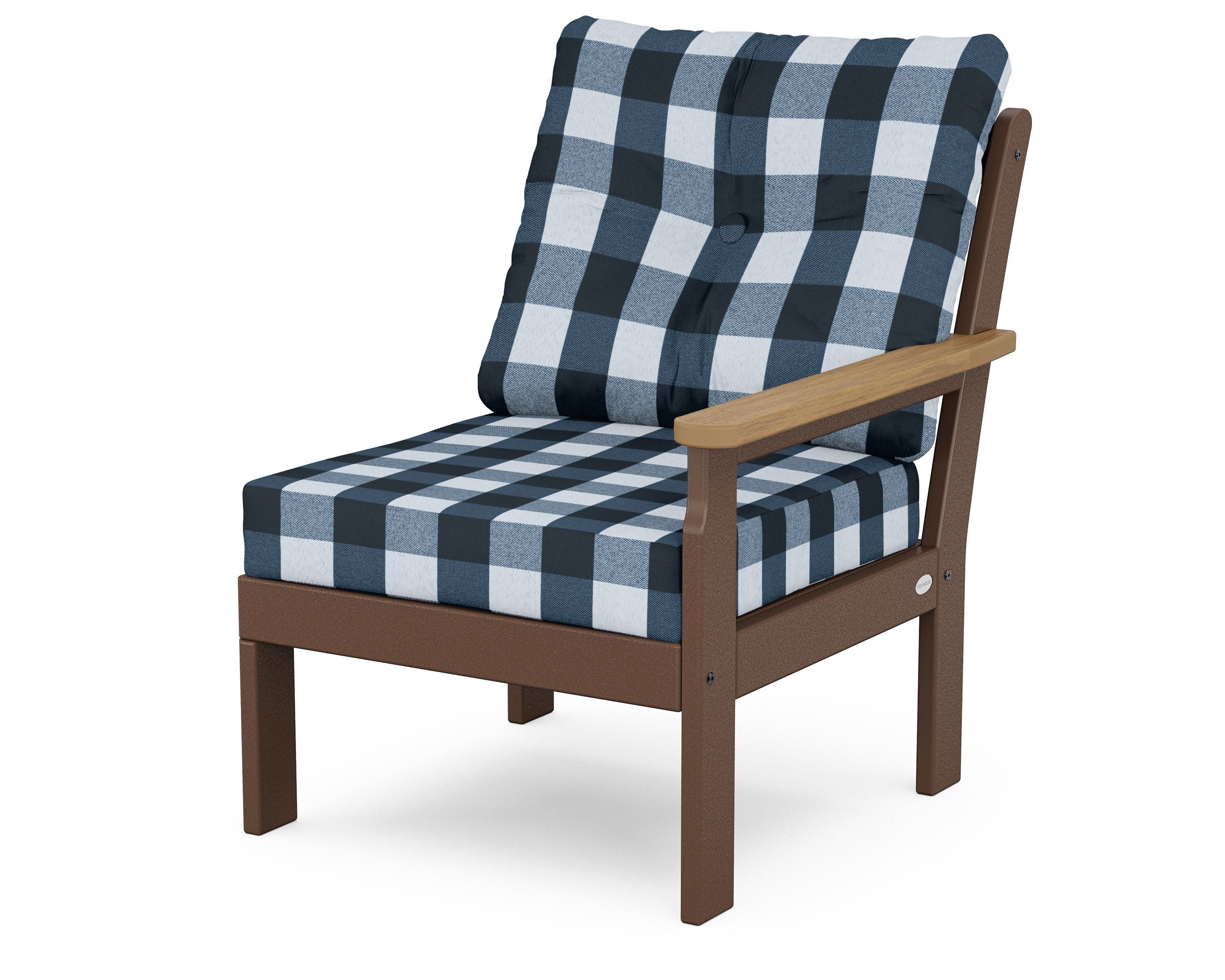 Vineyard Modular Right Arm Chair in Mahogany / Natural / Buffalo Plaid Marine Indigo