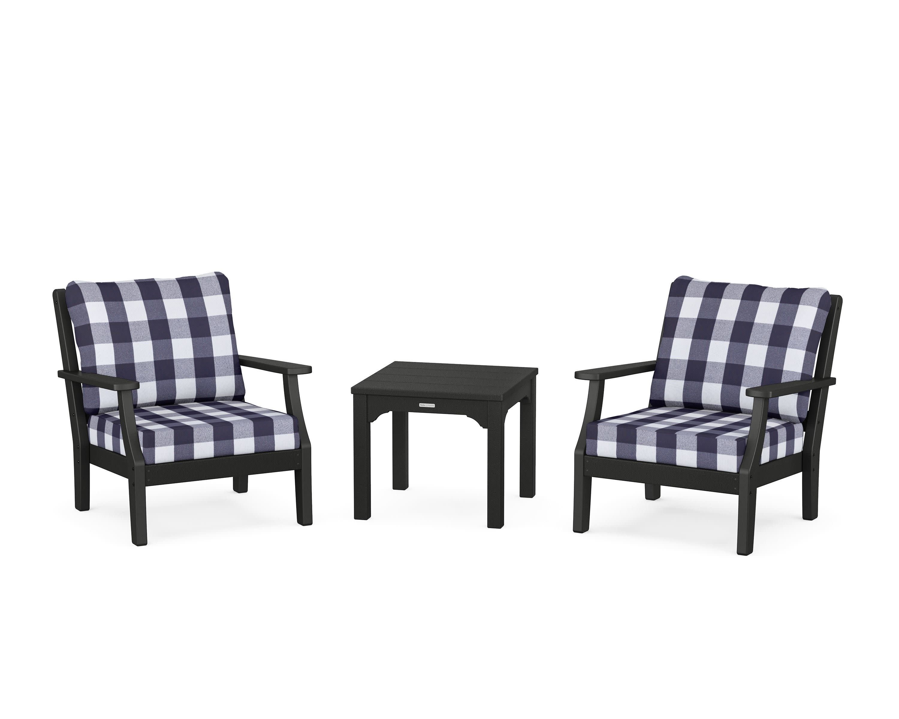 Chinoiserie 3-Piece Deep Seating Set in Black / Buffalo Plaid Navy
