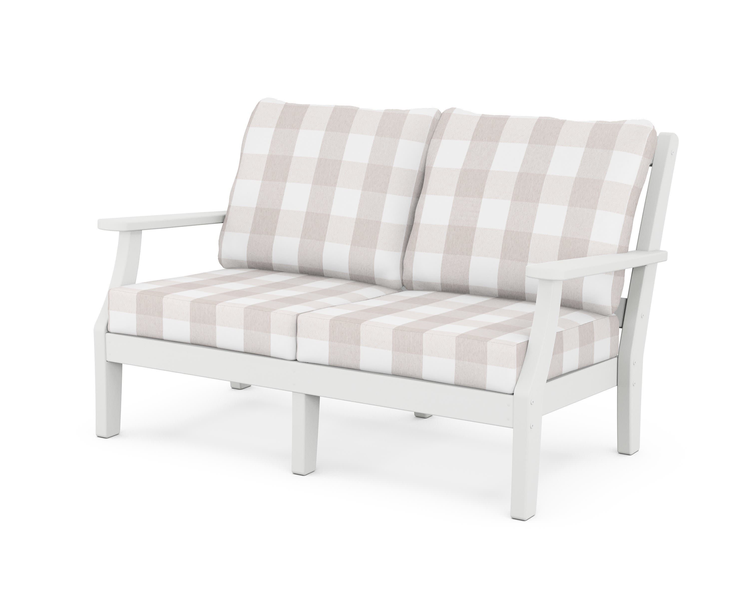Chinoiserie Deep Seating Loveseat in White / Buffalo Plaid Dune Burlap