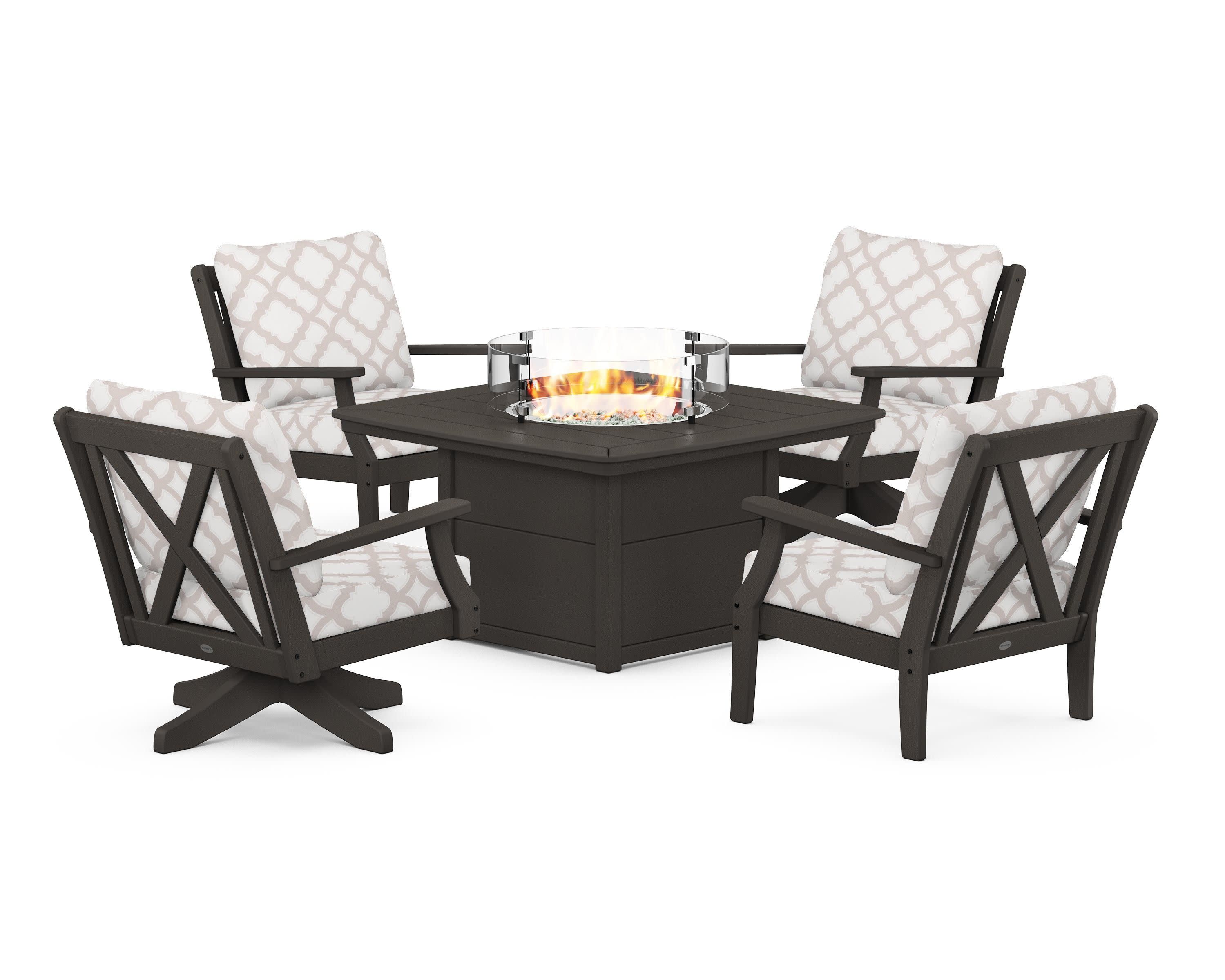 Braxton 5-Piece Deep Seating Set with Fire Table in Vintage Coffee / Trellis Dune Burlap