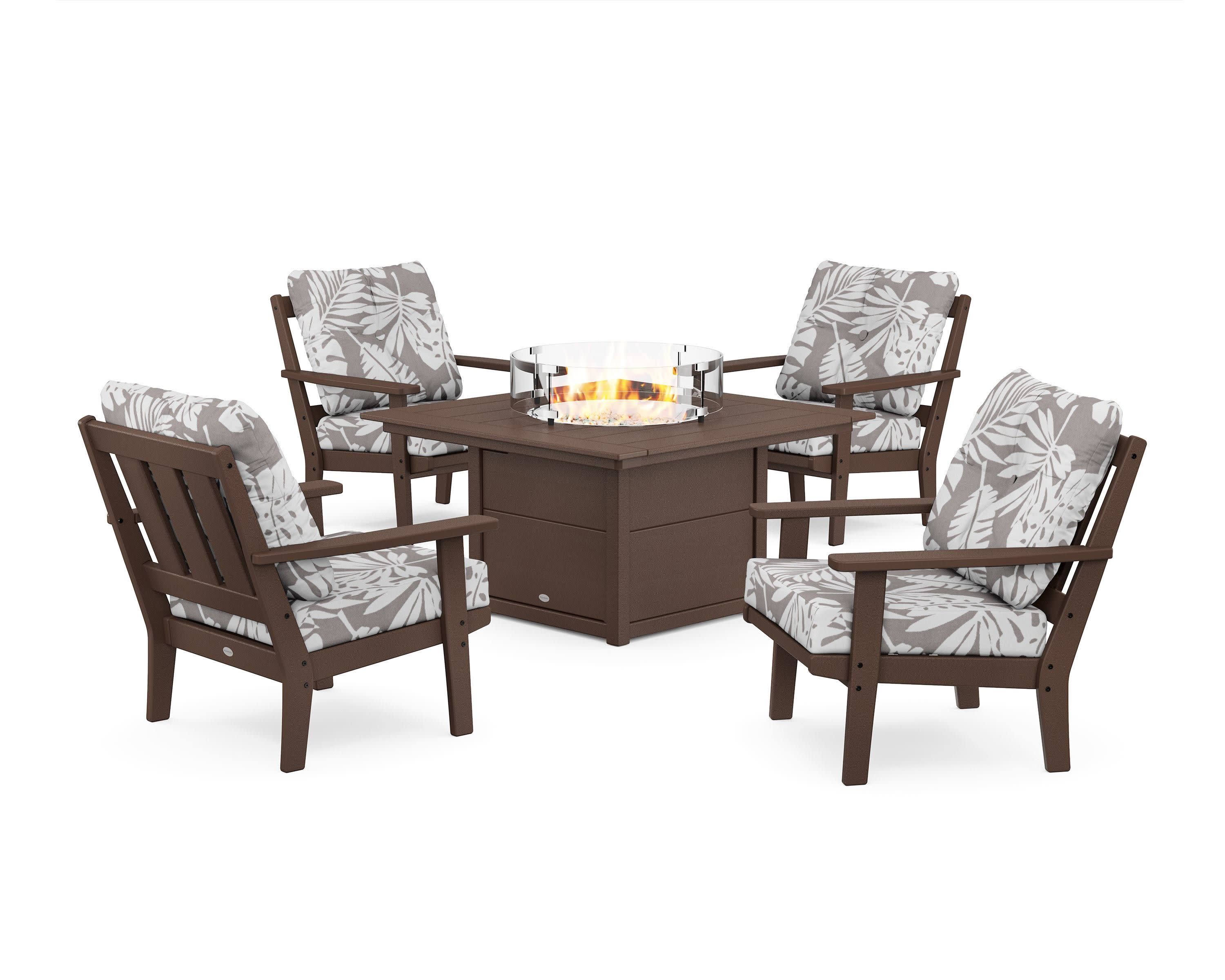 Oxford 5-Piece Deep Seating Set with Fire Pit Table in Mahogany / Leaf Grey Mist