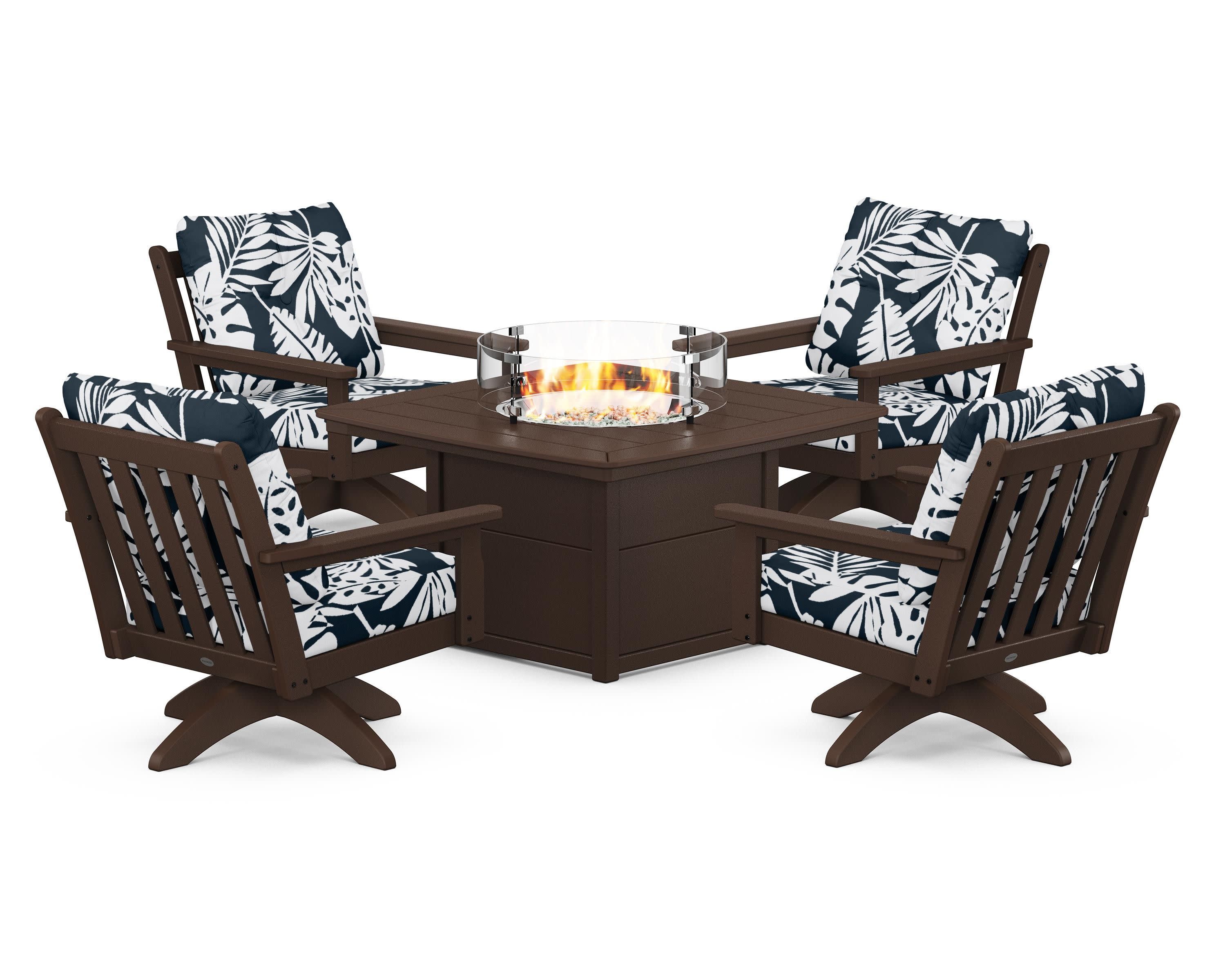 Vineyard 5-Piece Deep Seating Swivel Conversation Set with Fire Pit Table in Mahogany / Leaf Marine Indigo