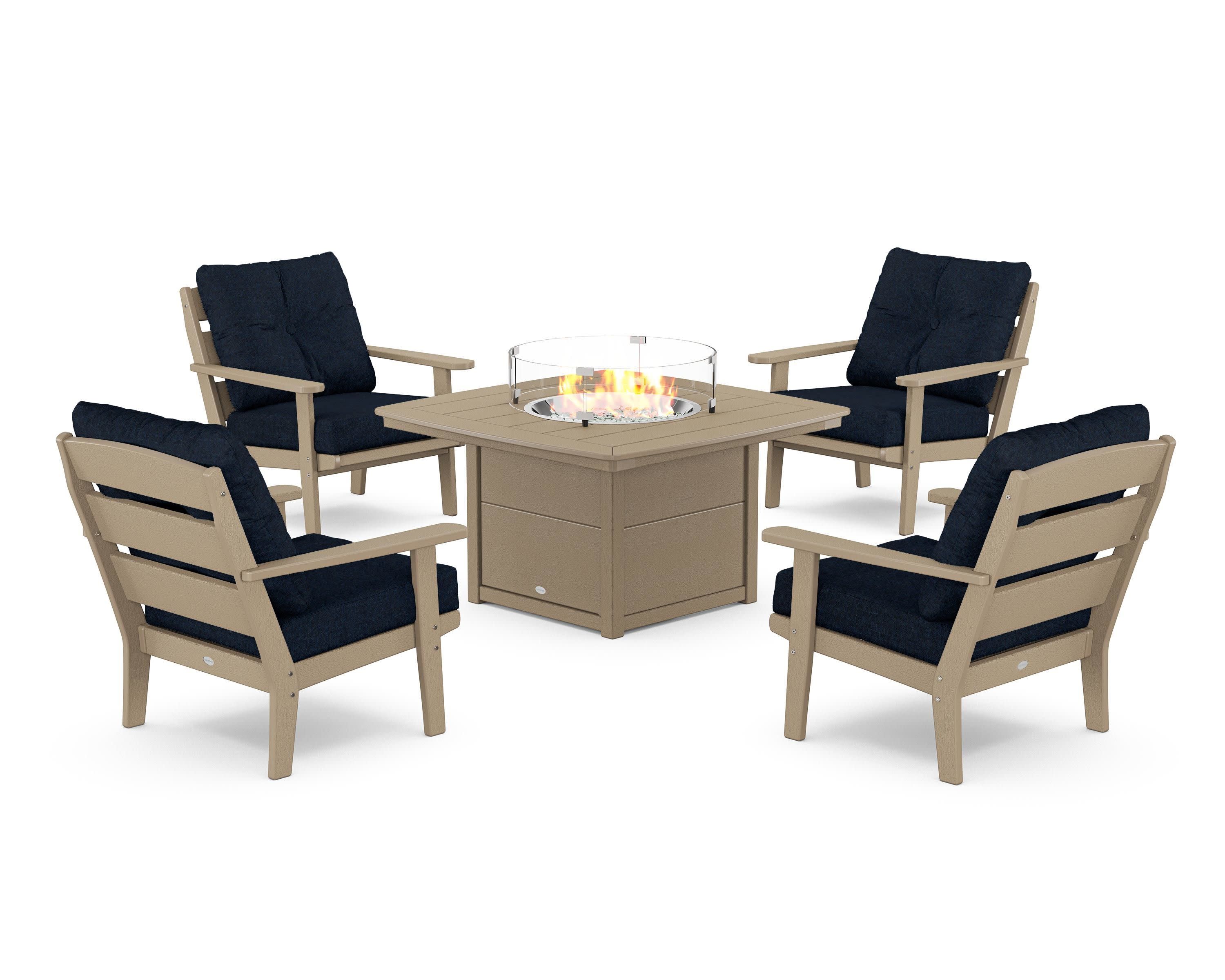 Lakeside 5-Piece Deep Seating Set with Nautical Fire Pit Table in Vintage Sahara / Marine Indigo