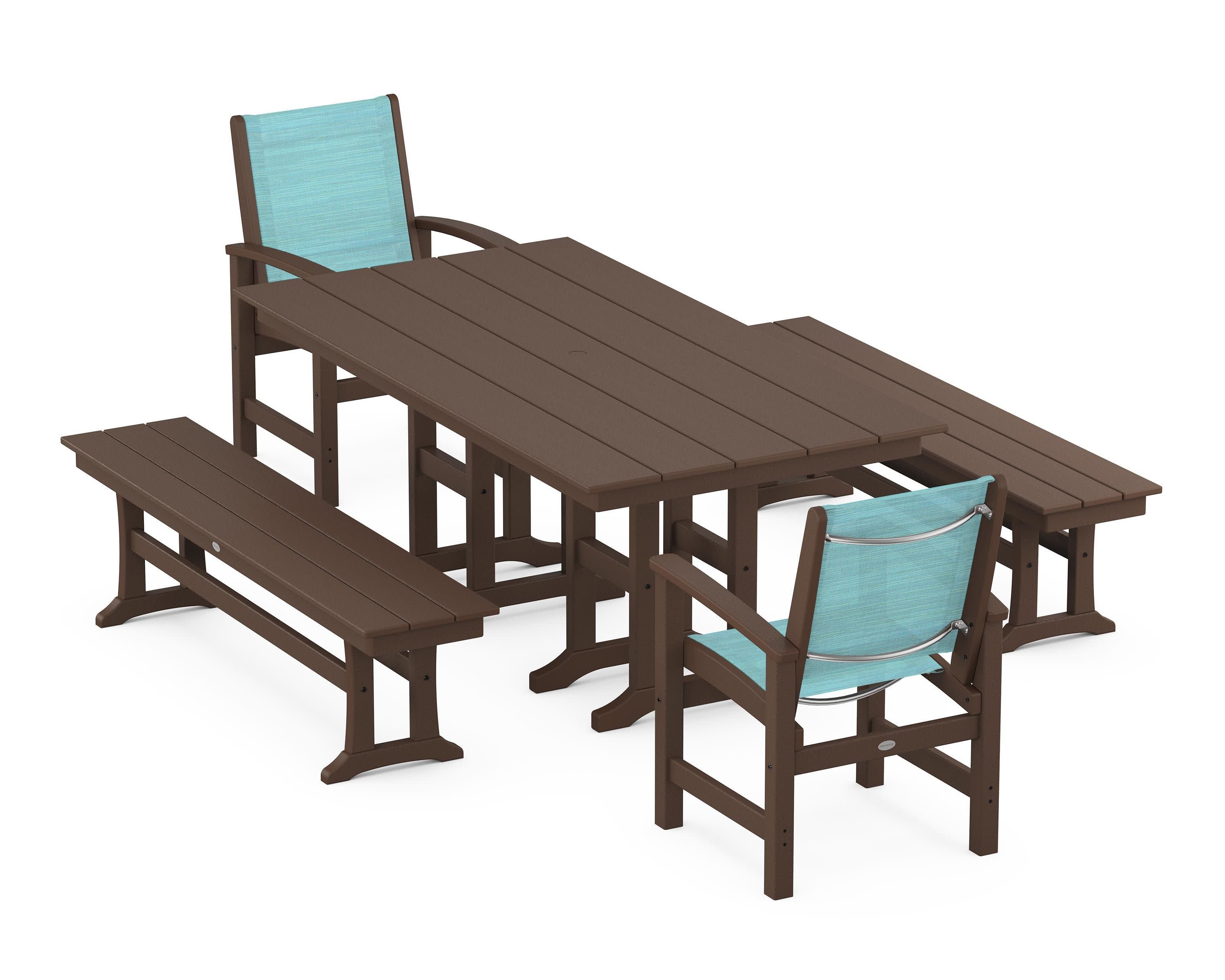 Coastal 5-Piece Farmhouse Dining Set in Mahogany / Dupioni Aquamarine Sling
