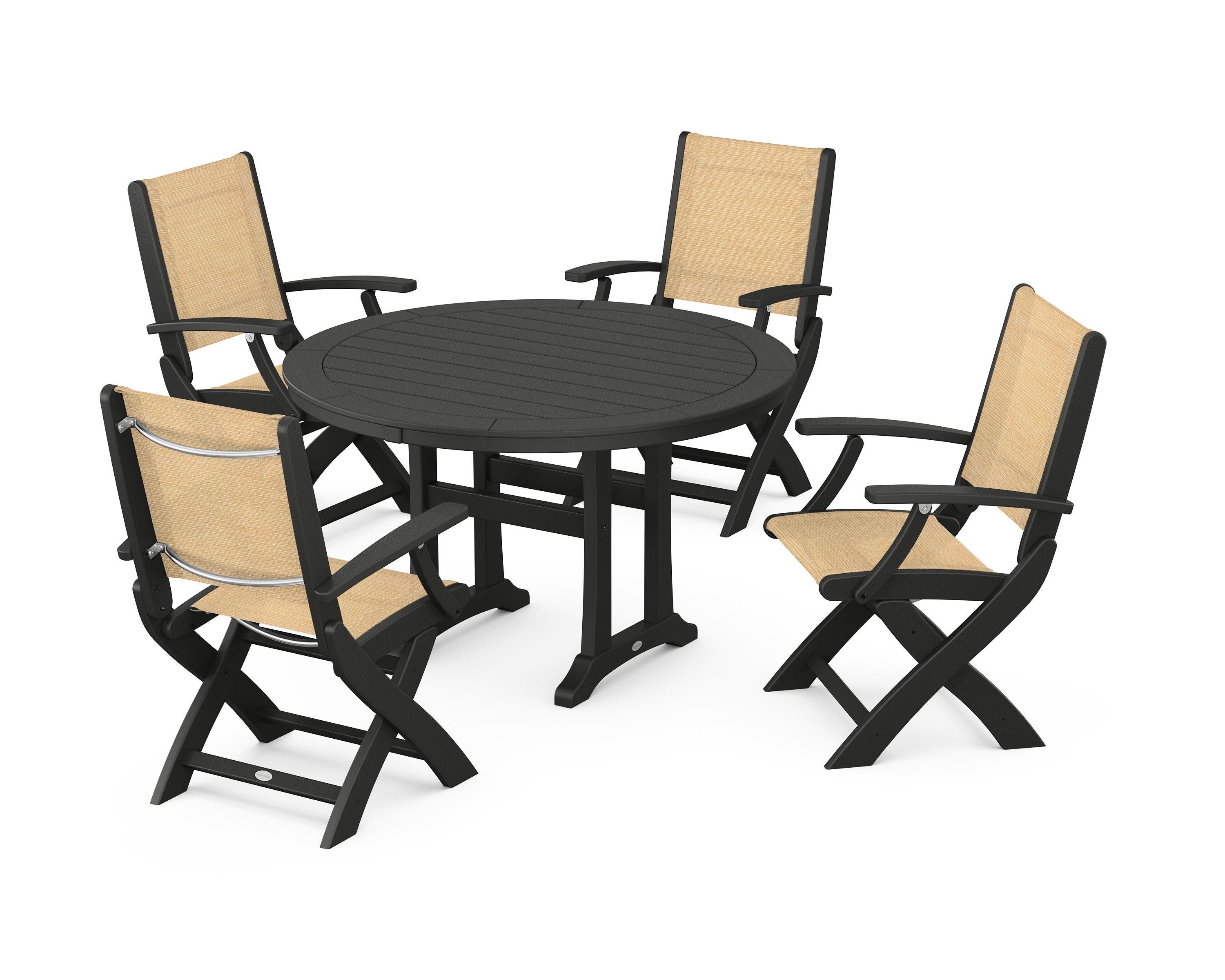Coastal Folding Chair 5-Piece Round Dining Set with Trestle Legs in Black / Dupioni Apricot Sling