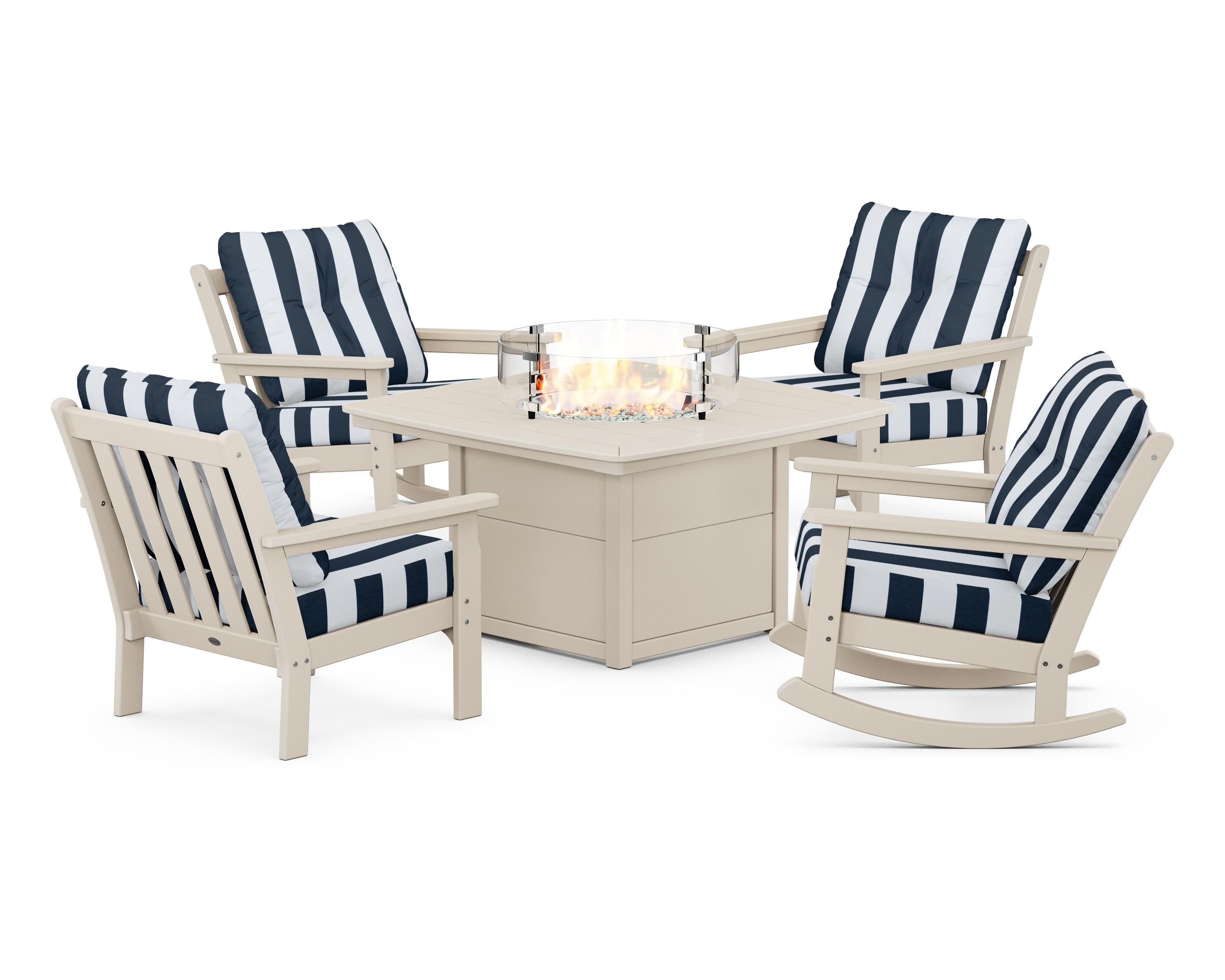 Vineyard 5-Piece Deep Seating Rocking Chair Conversation Set with Fire Pit Table in Sand / Cabana Stripe Marine Indigo