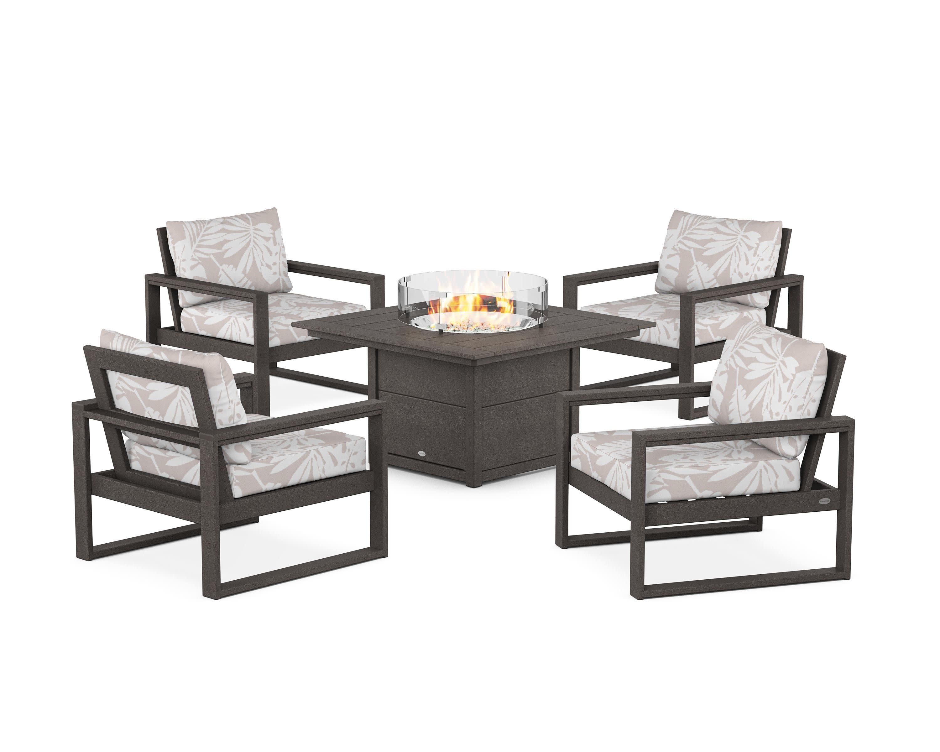 EDGE Sectional 5-Piece Deep Seating Set with Fire Pit Table in Vintage Coffee / Leaf Dune Burlap