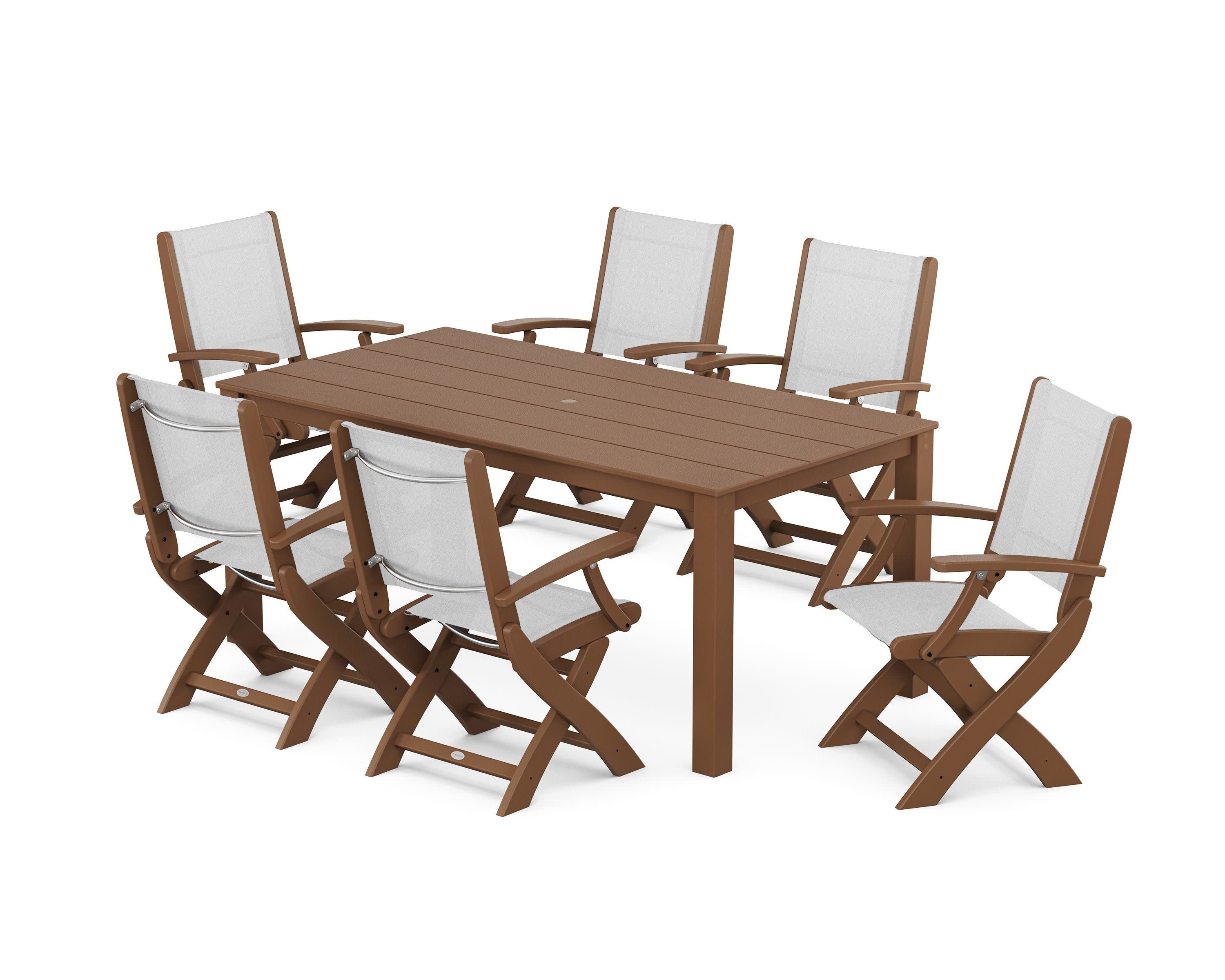 Coastal Folding Chair 7-Piece Parsons Dining Set in Teak / White Sling