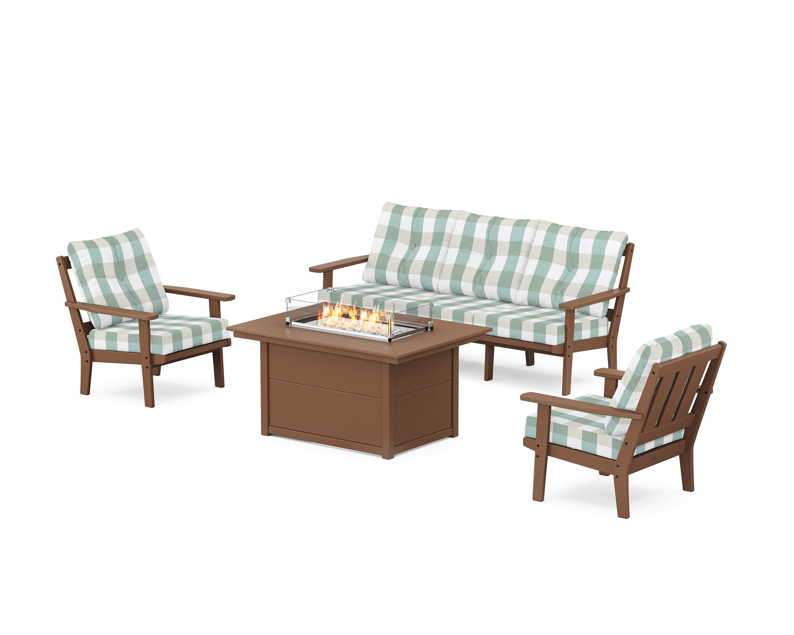 Oxford Deep Seating Fire Pit Table Set in Teak / Buffalo Plaid Glacier Spa