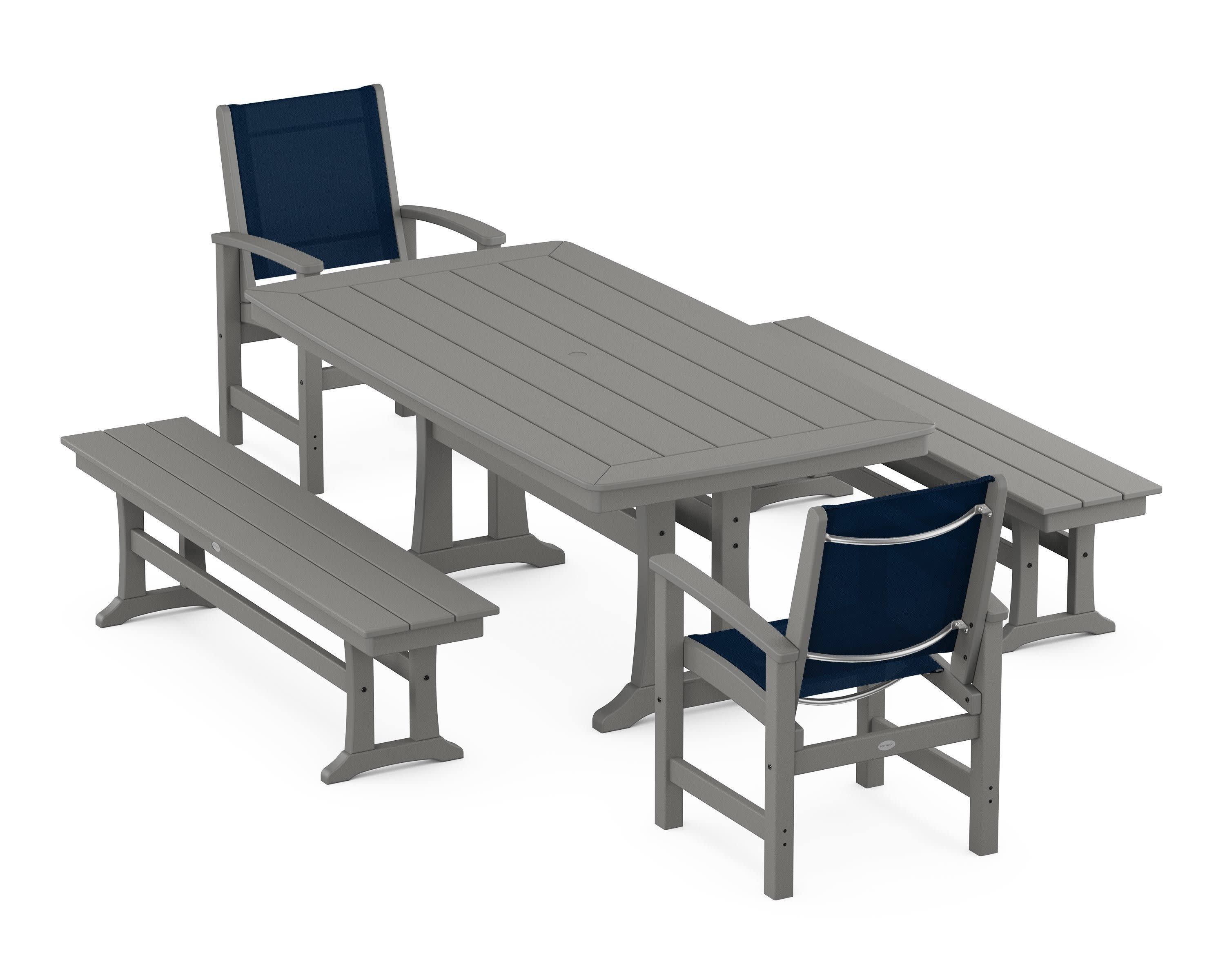 Coastal 5-Piece Dining Set with Trestle Legs and Benches in Slate Grey / Navy Blue Sling