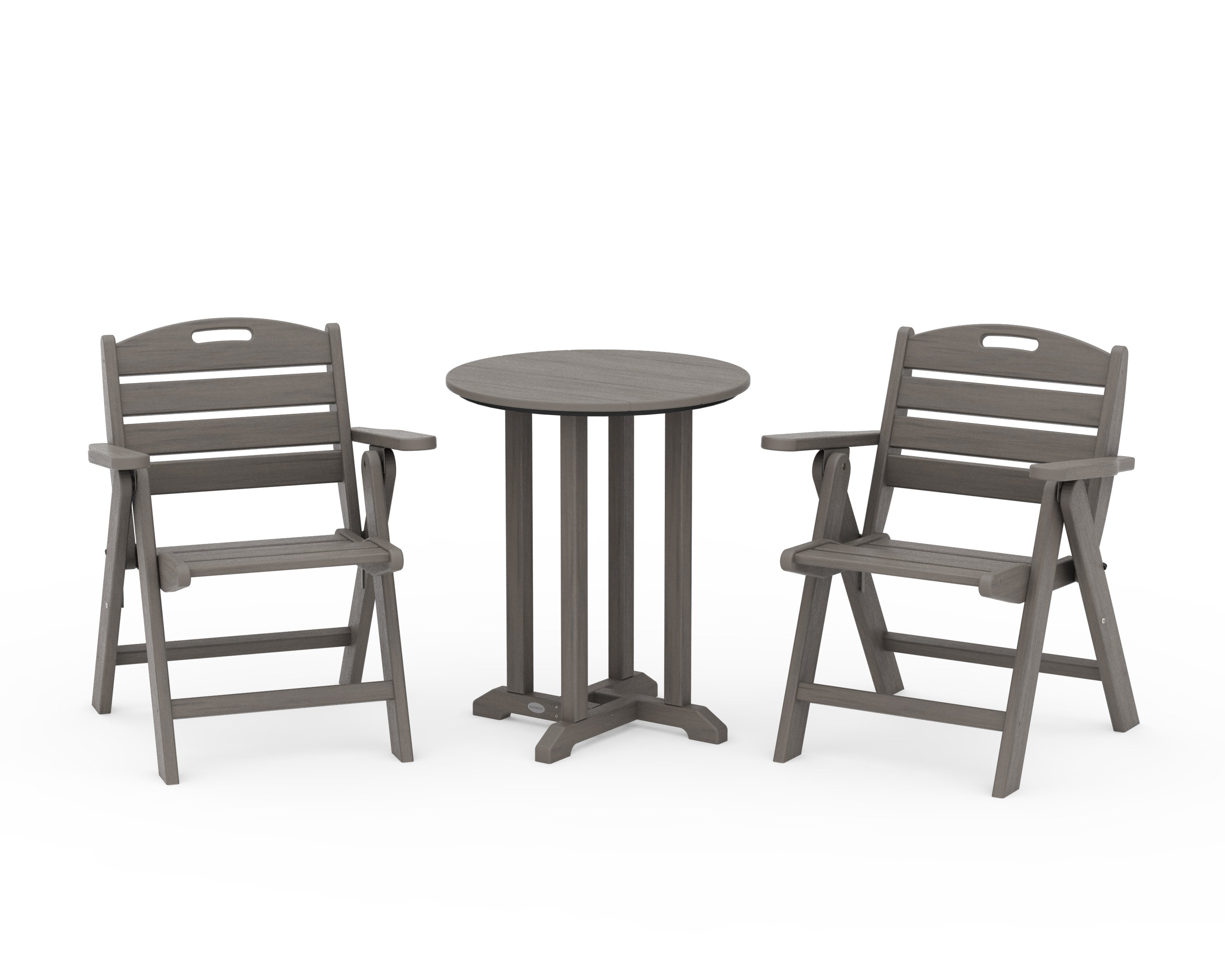 Nautical Folding Lowback Chair 3-Piece Round Bistro Dining Set in Driftwood