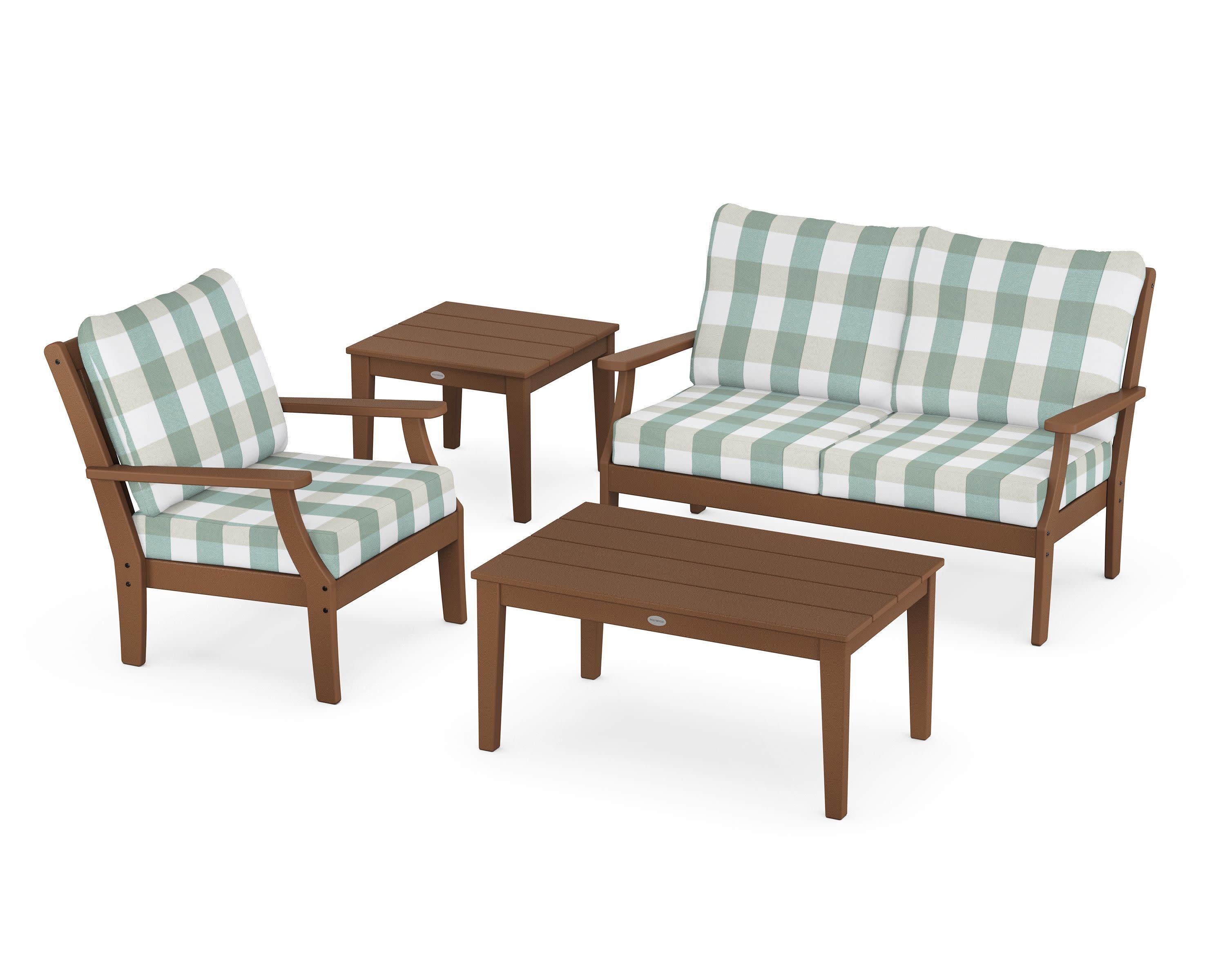 Braxton 4-Piece Deep Seating Set in Teak / Buffalo Plaid Glacier Spa