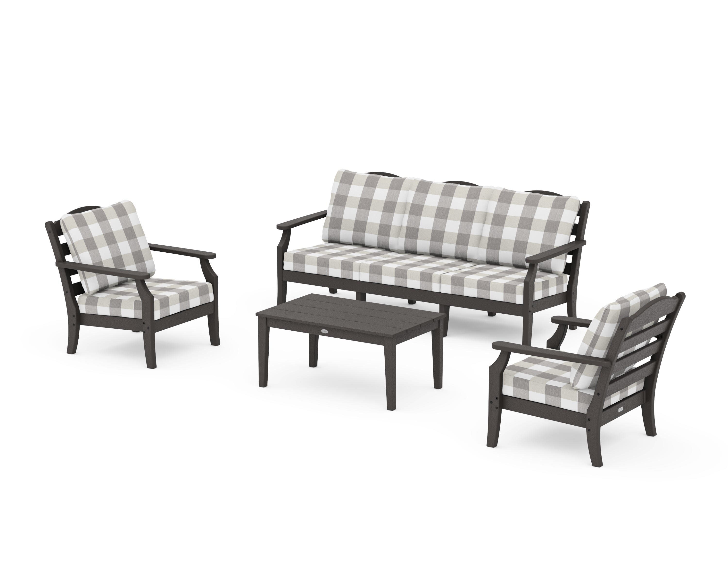 Savannah 4-Piece Deep Seating Set with Sofa in Vintage Coffee / Buffalo Plaid Grey Mist