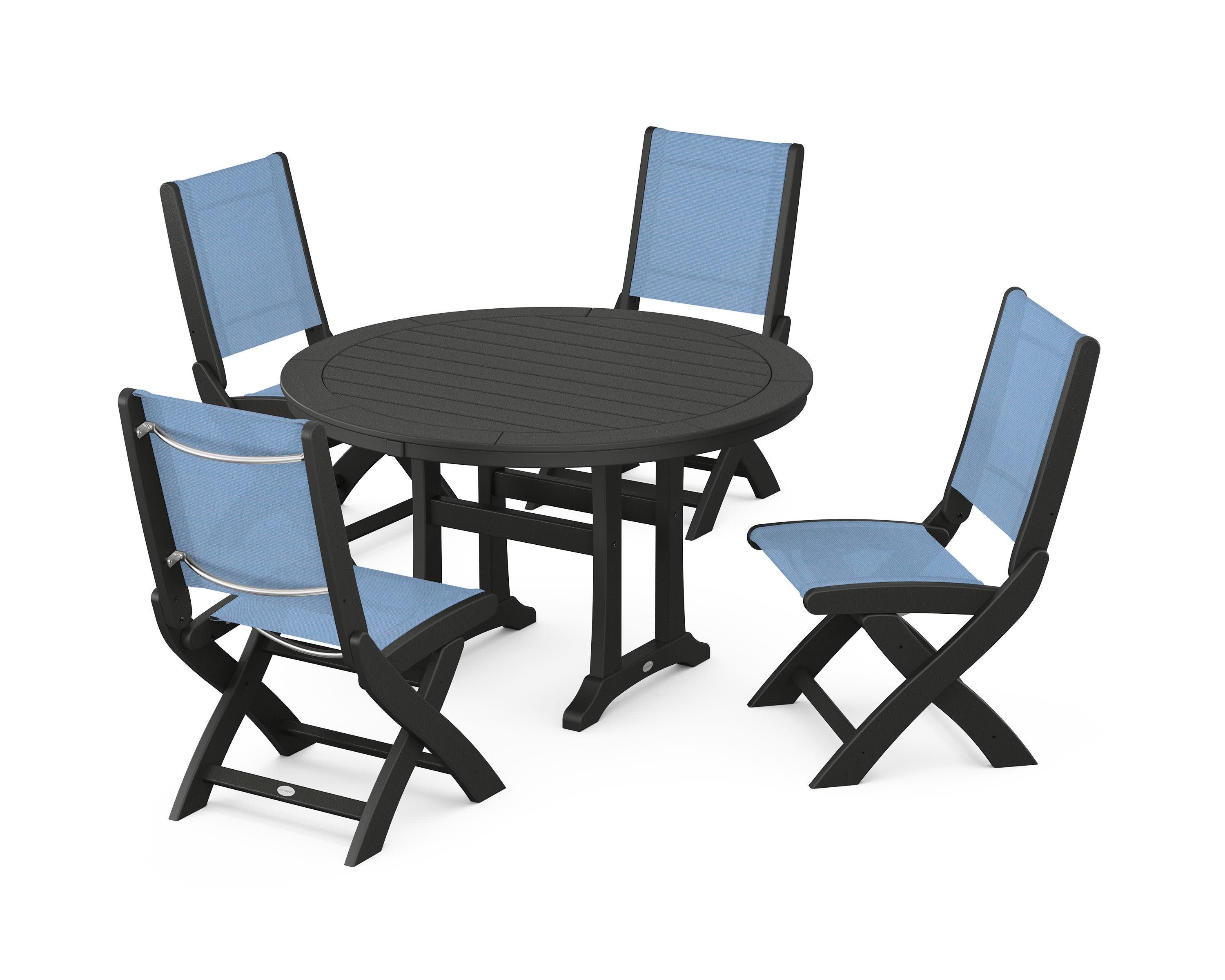 Coastal Folding Side Chair 5-Piece Round Dining Set With Trestle Legs in Black / Poolside Sling
