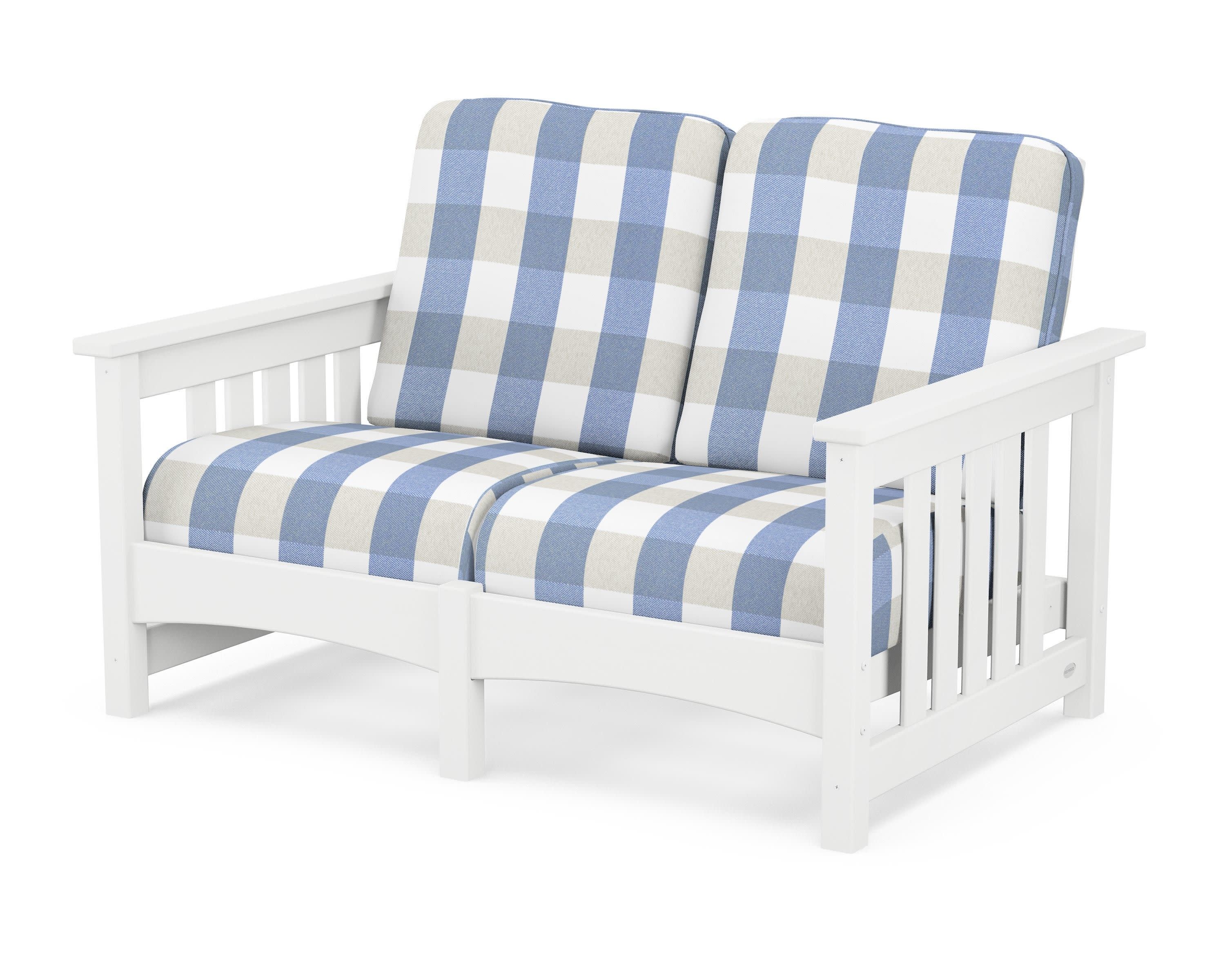 Club Mission Loveseat in White / Buffalo Plaid Sky Blue