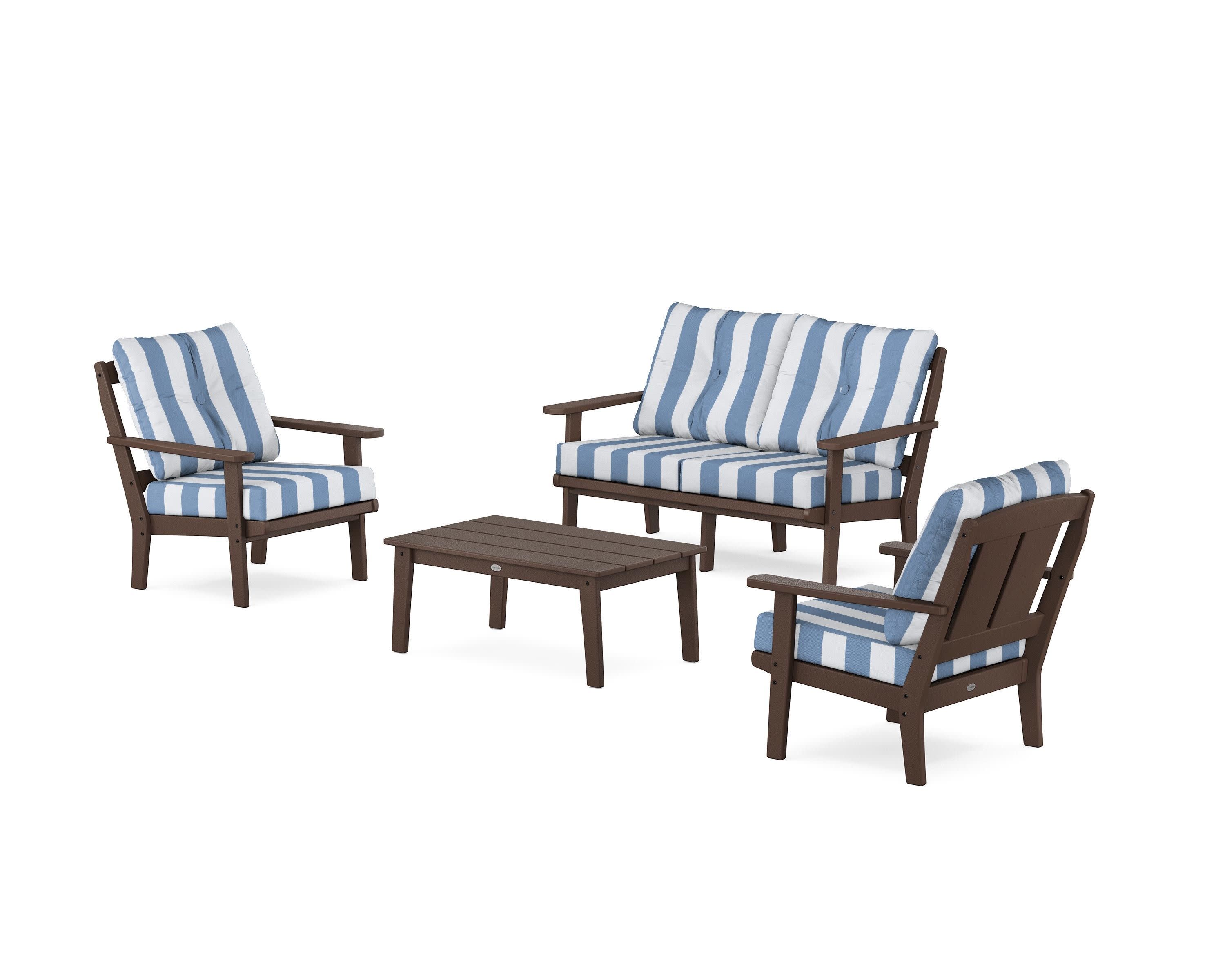 Mission 4-Piece Deep Seating Set with Loveseat in Mahogany / Cabana Stripe Sky Blue