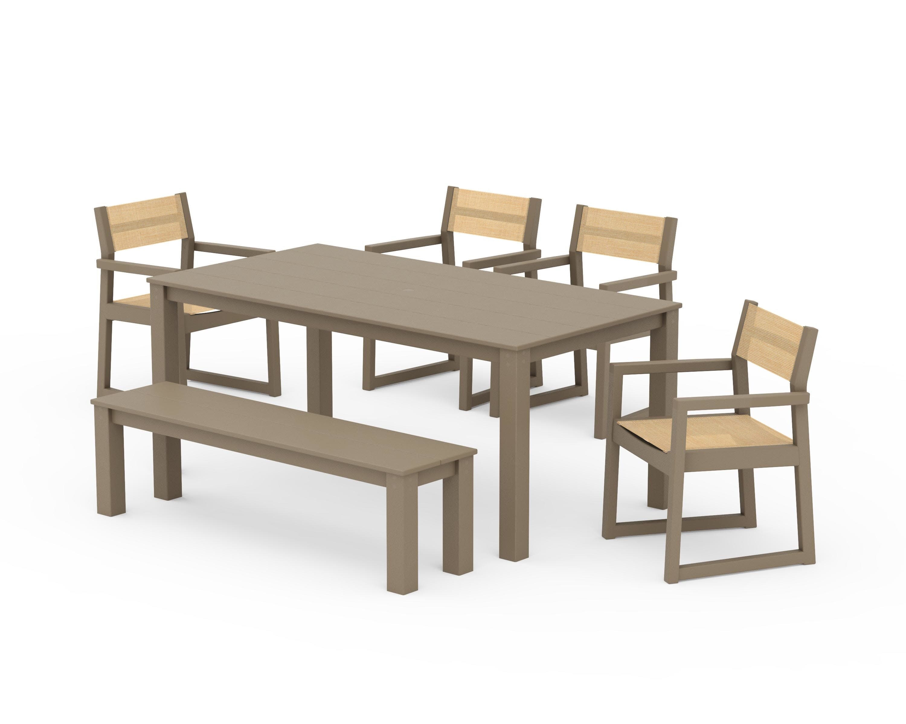 EDGE Sling Arm Chair 6-Piece Parsons Dining Set with Bench in Vintage Sahara / Dupioni Apricot Sling