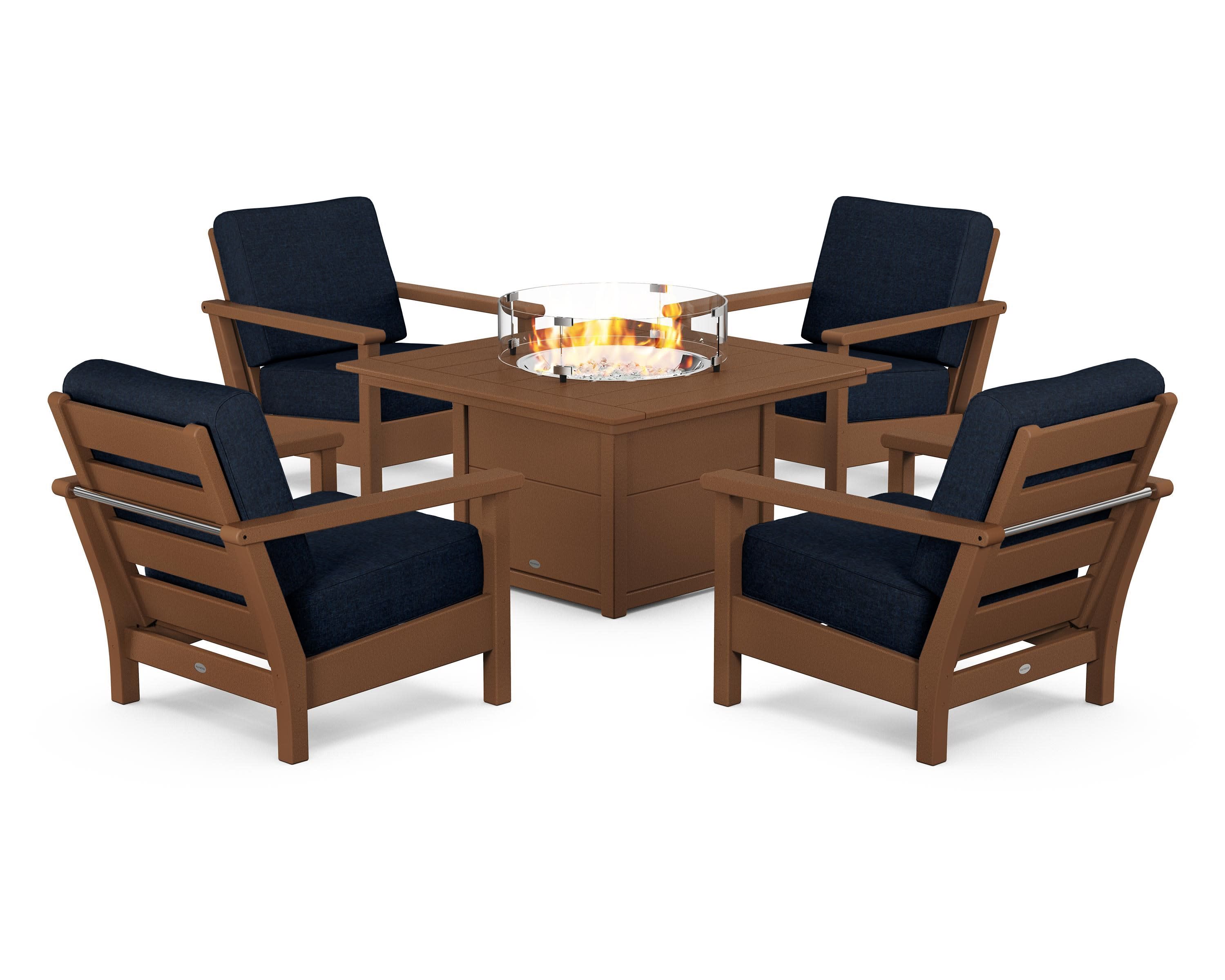 Harbour 5-Piece Conversation Set with Fire Pit Table in Teak / Marine Indigo