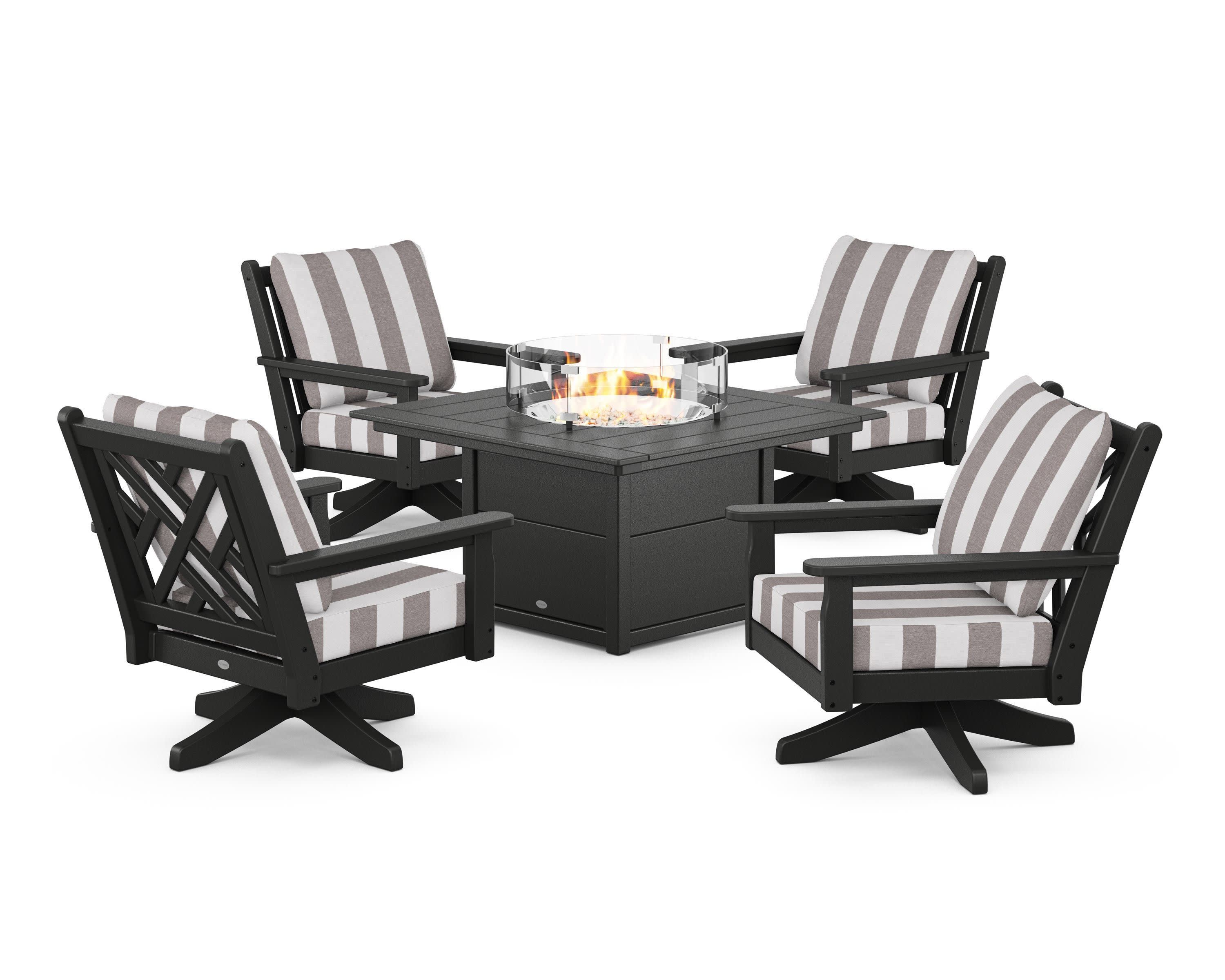 Chippendale 5-Piece Deep Seating Swivel Conversation Set with Fire Pit Table in Black / Cabana Stripe Grey Mist