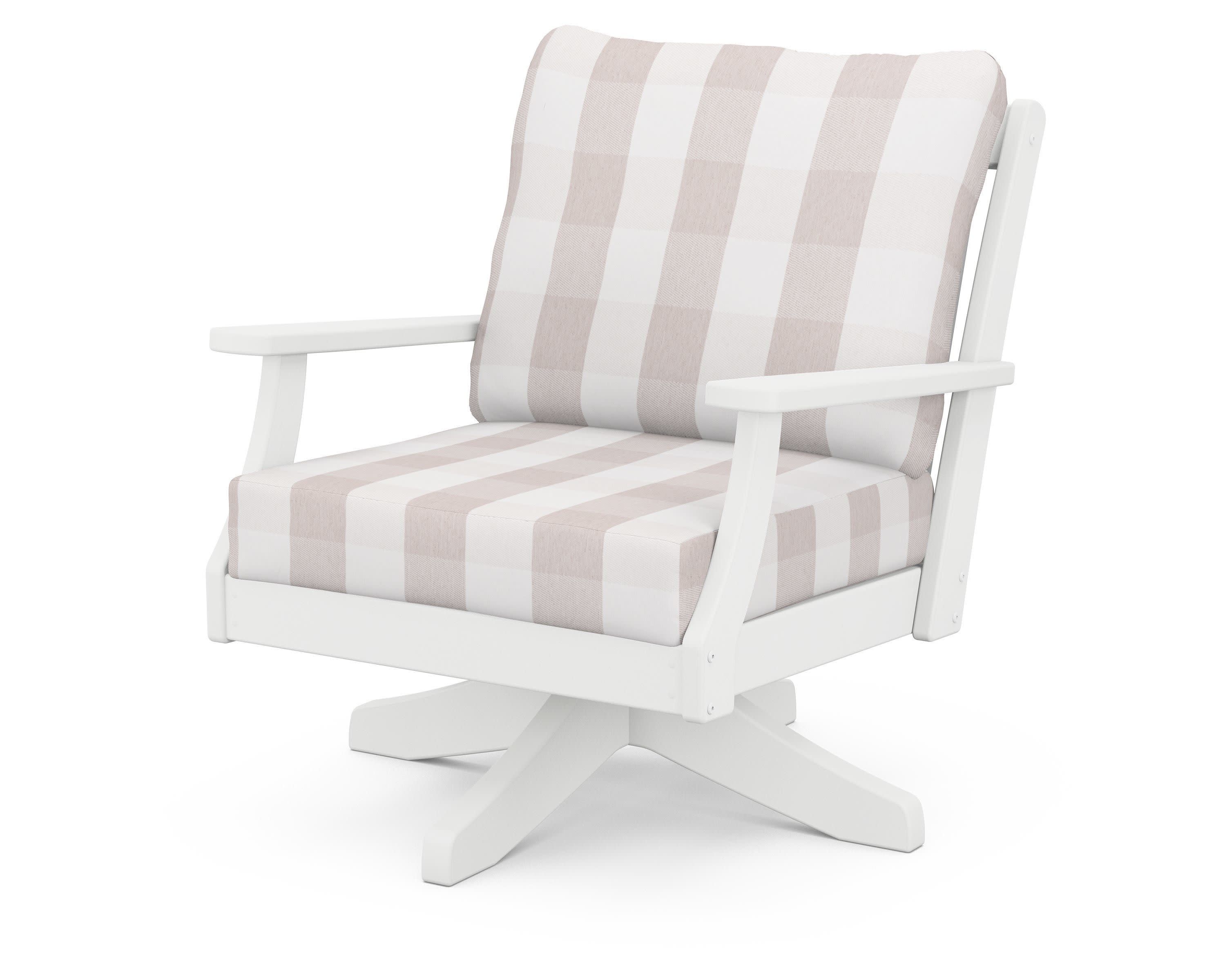 Braxton Deep Seating Swivel Chair in White / Buffalo Plaid Dune Burlap