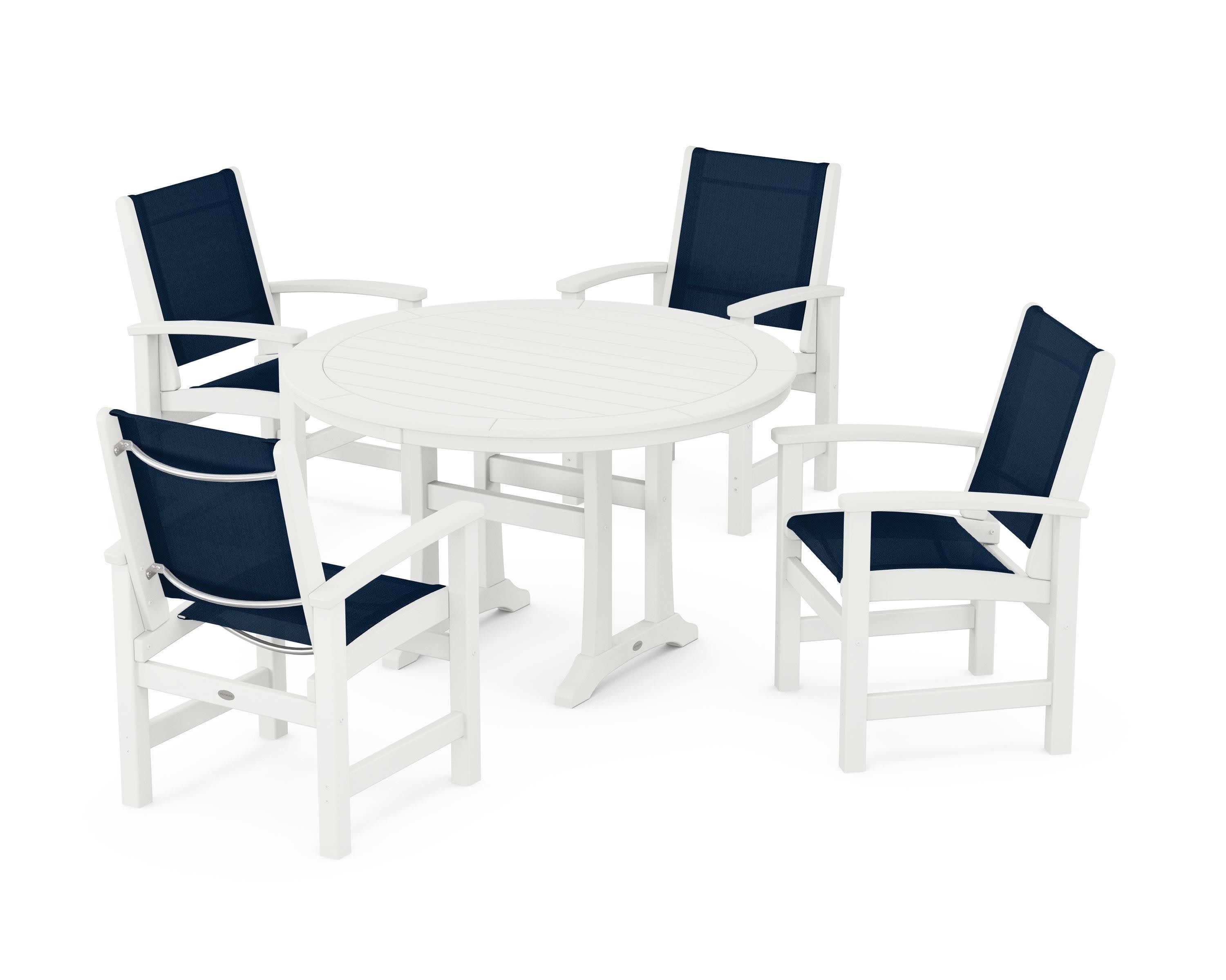 Coastal 5-Piece Round Dining Set with Trestle Legs in White / Navy Blue Sling