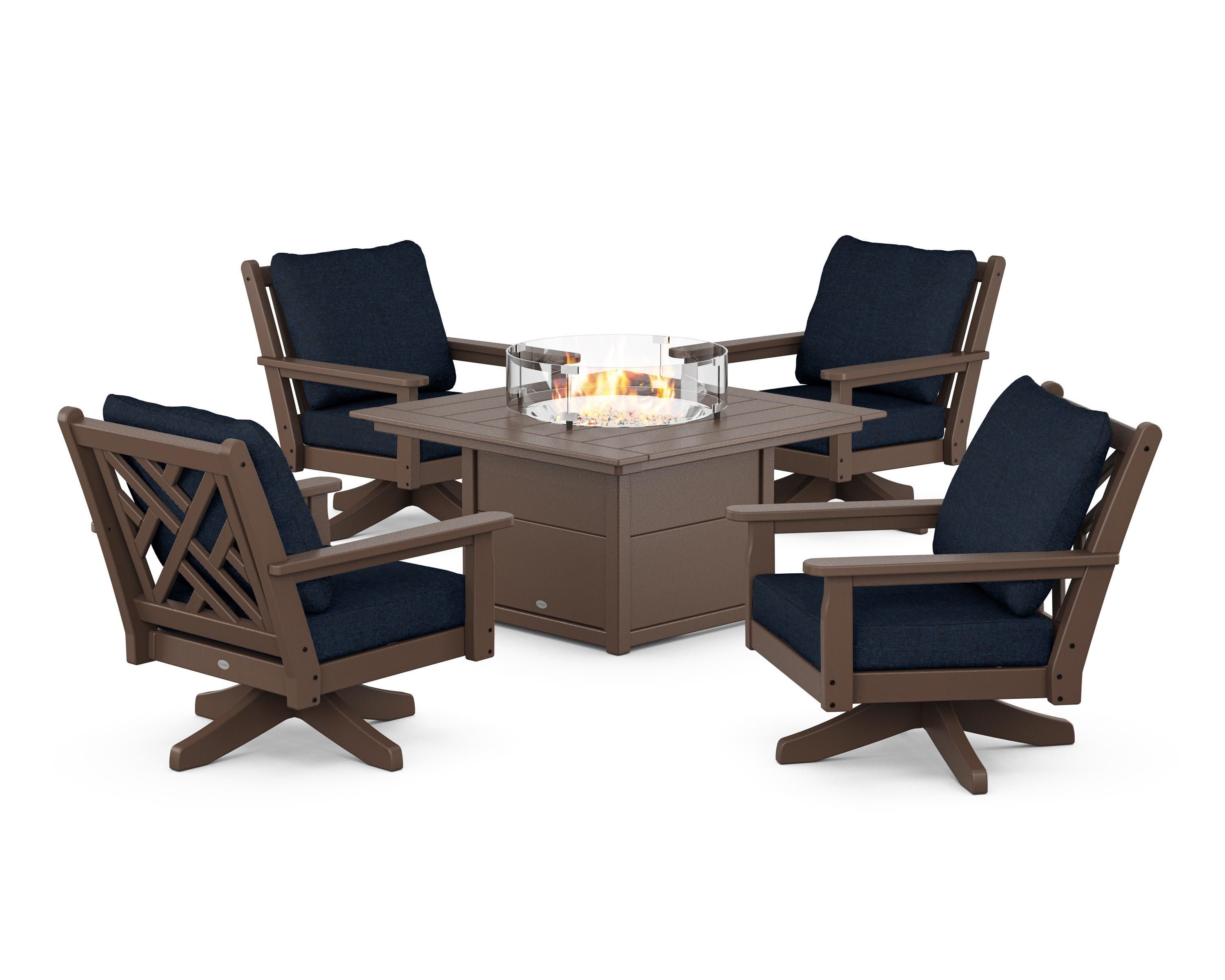 Chippendale 5-Piece Deep Seating Swivel Conversation Set with Fire Pit Table in Mahogany / Marine Indigo
