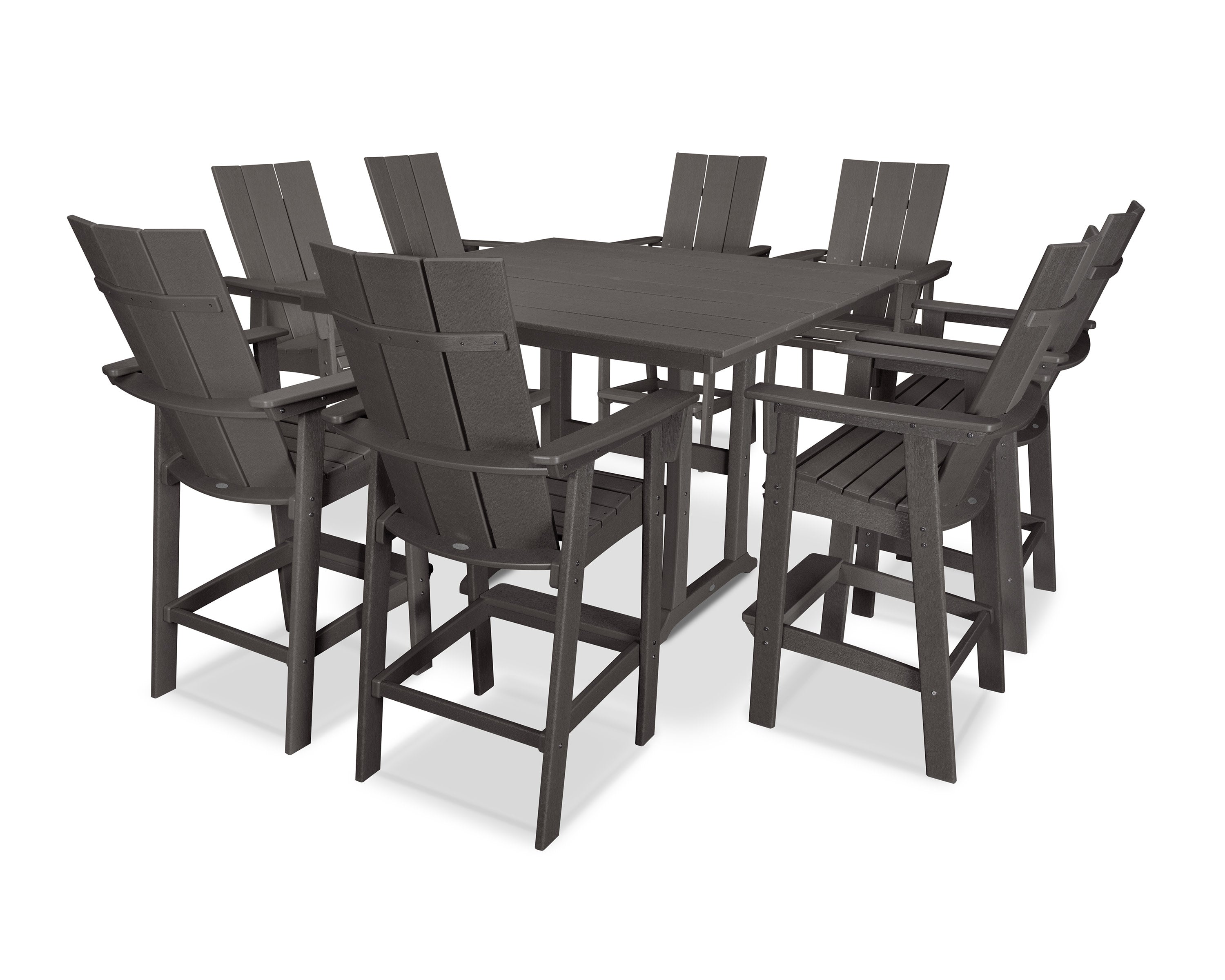 Modern Curveback Adirondack 9-Piece Farmhouse Trestle Bar Set in Vintage Coffee