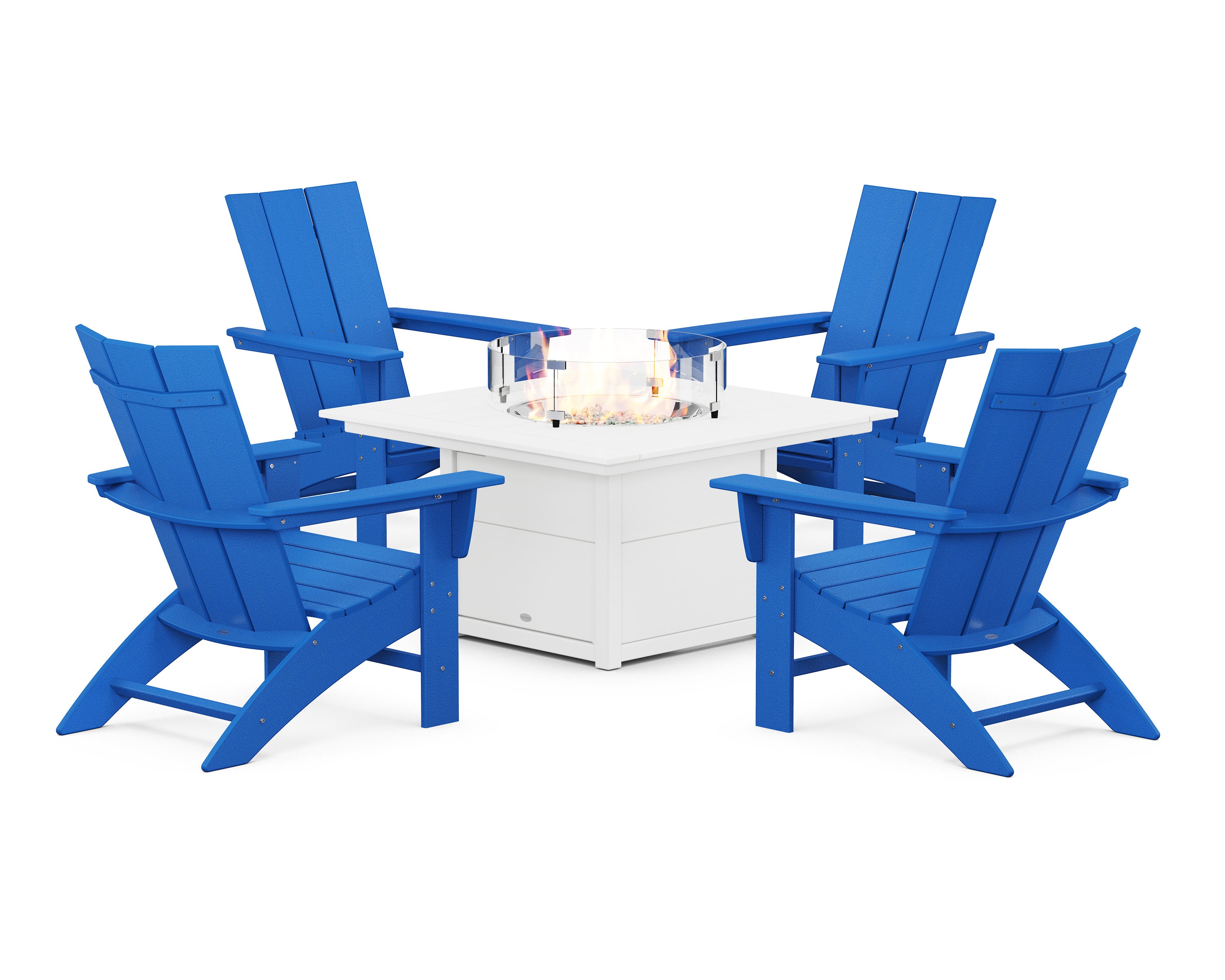 Modern Curveback Adirondack 5-Piece Conversation Set with Fire Pit Table in Pacific Blue / White