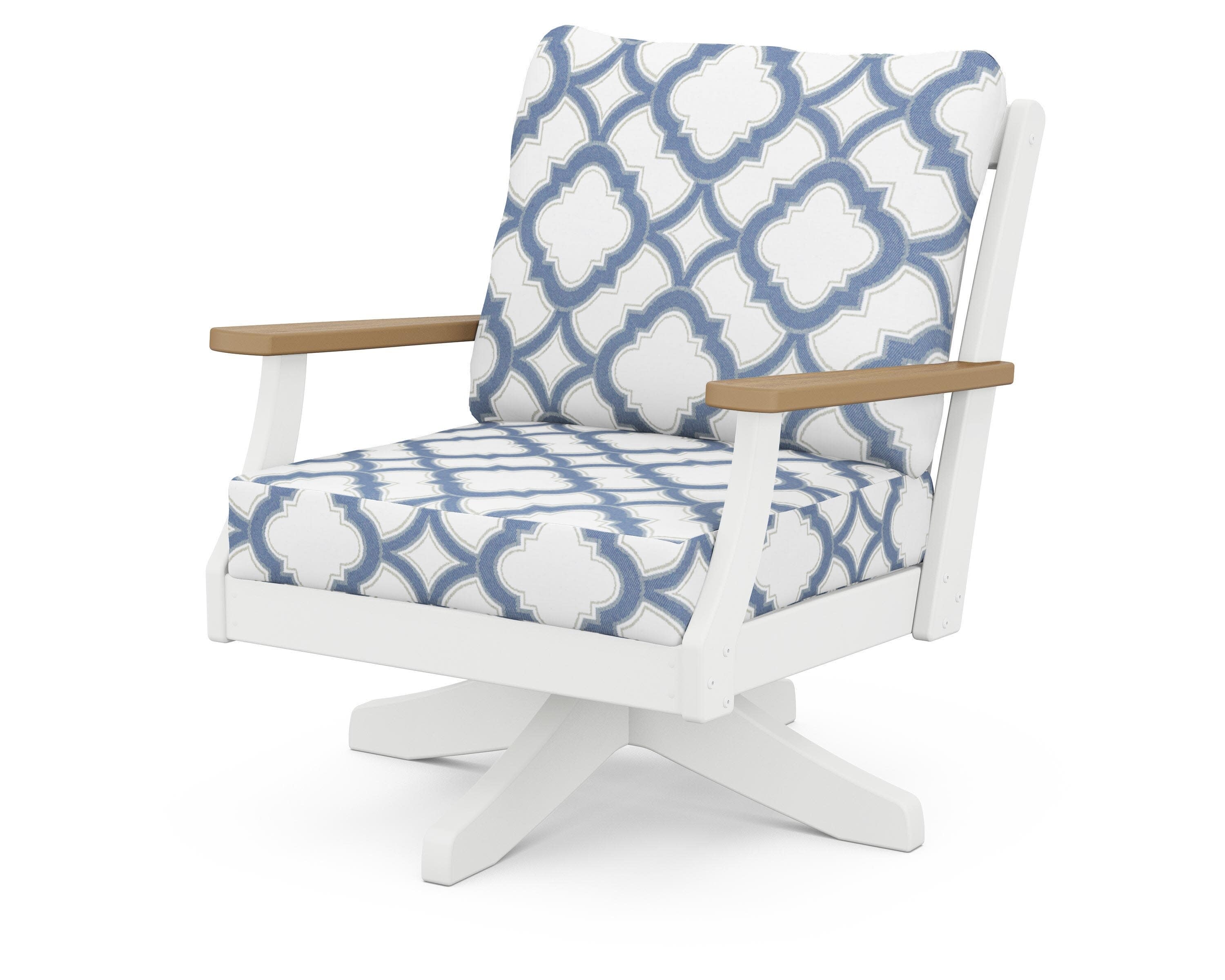 Braxton Deep Seating Swivel Chair in White / Natural / Trellis Sky Blue