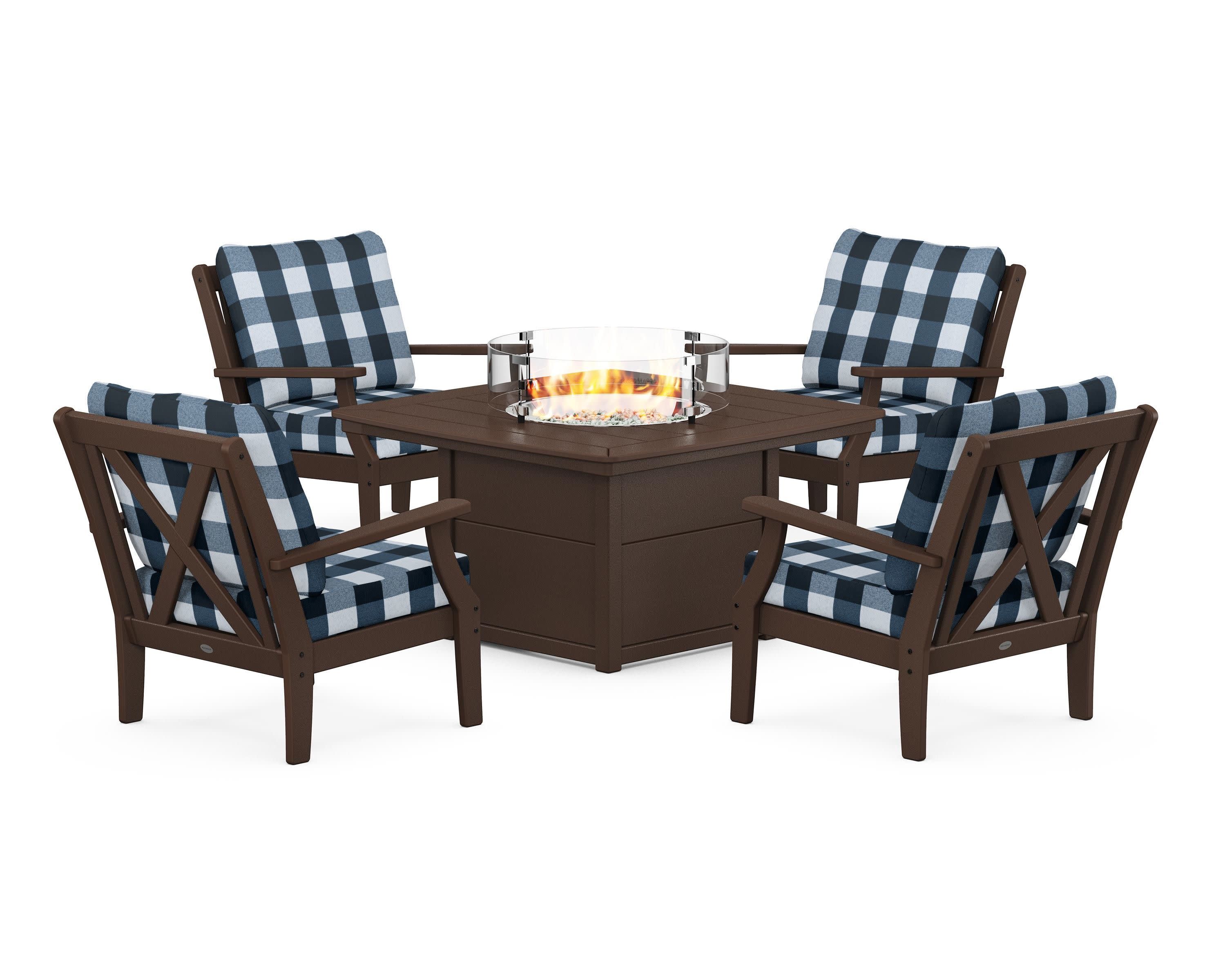 Braxton 5-Piece Deep Seating Conversation Set with Fire Pit Table in Mahogany / Buffalo Plaid Marine Indigo