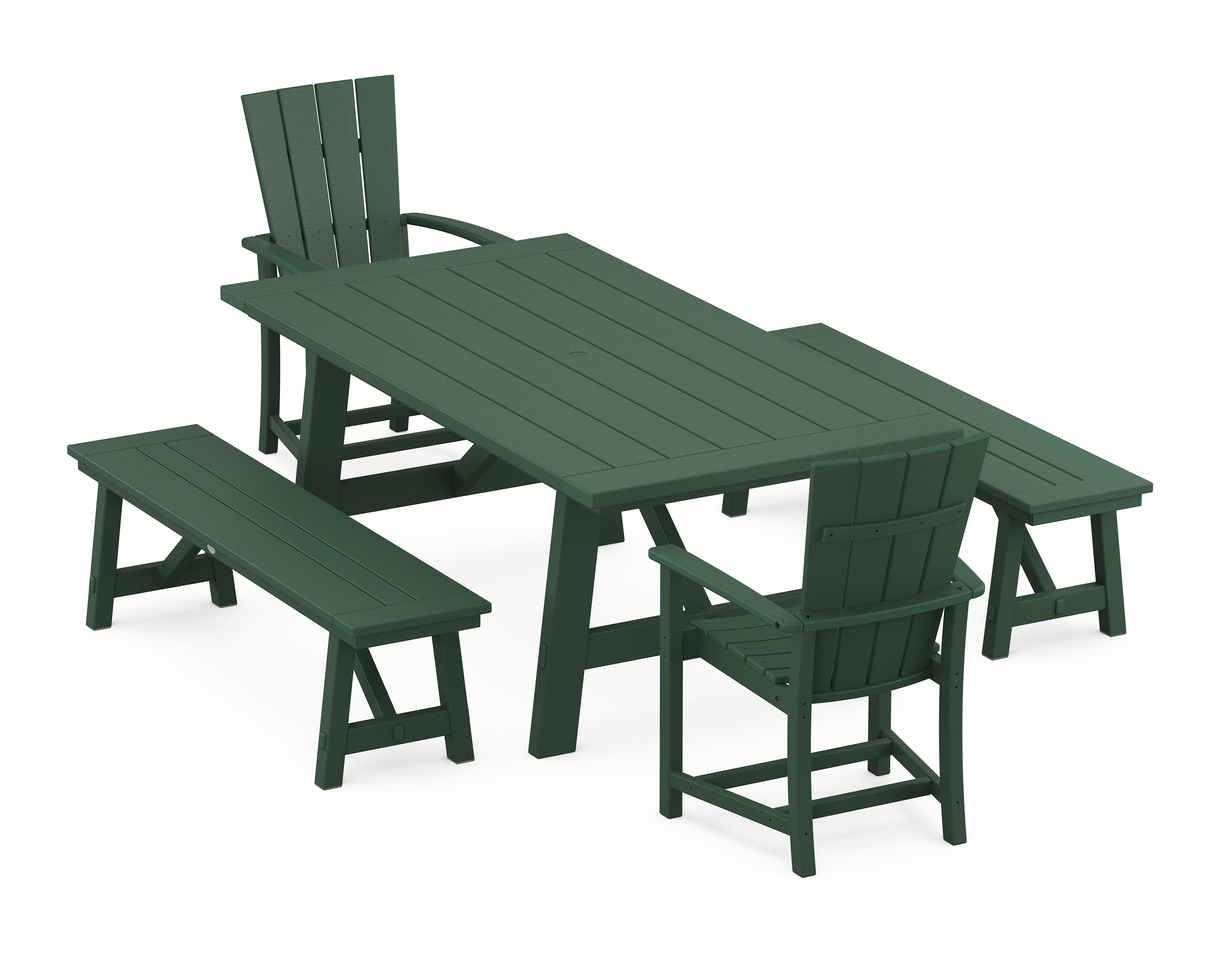 Quattro 5-Piece Rustic Farmhouse Dining Set With Benches in Green