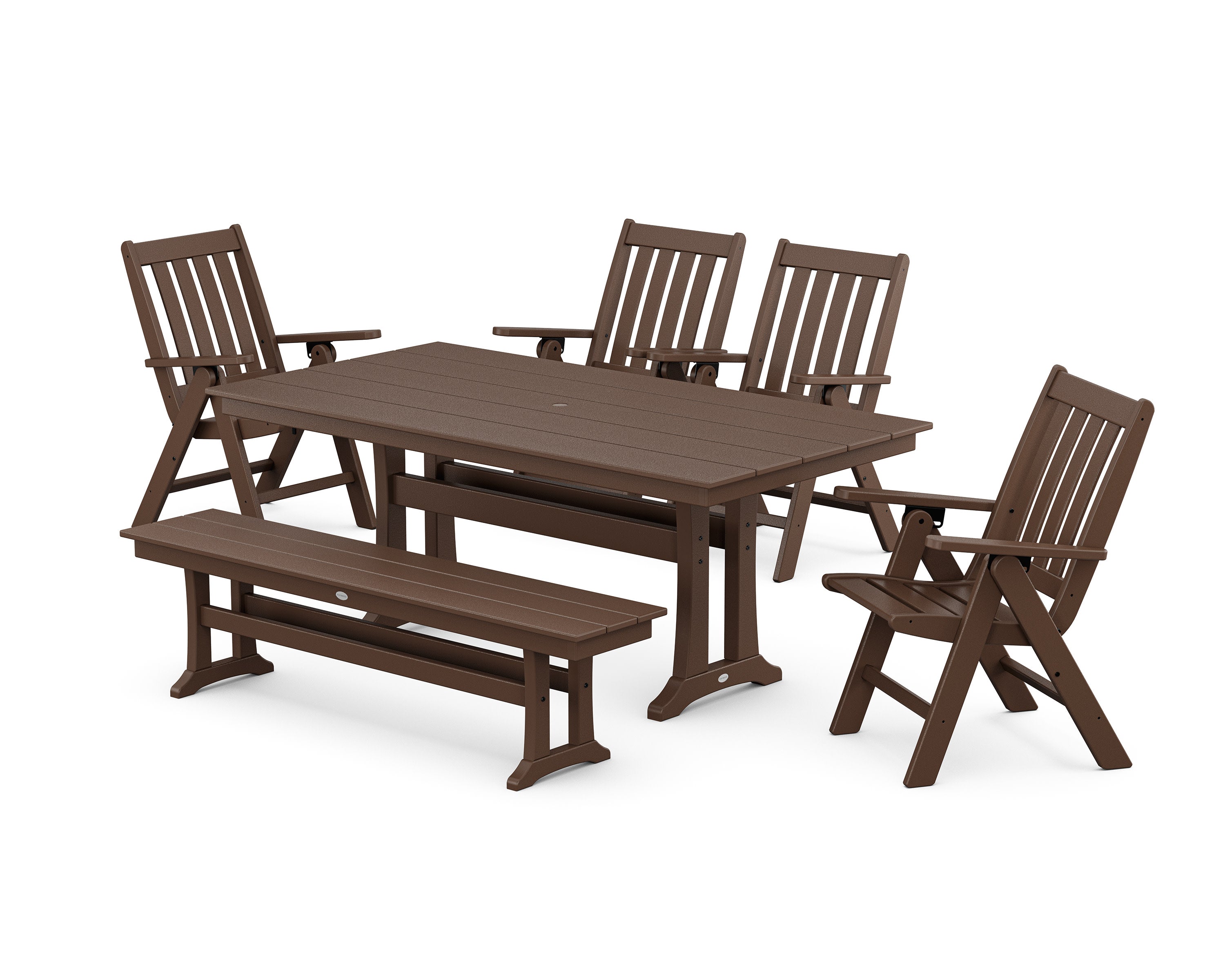 Vineyard 6-Piece Folding Chair Farmhouse Dining Set with Trestle Legs and Bench in Mahogany