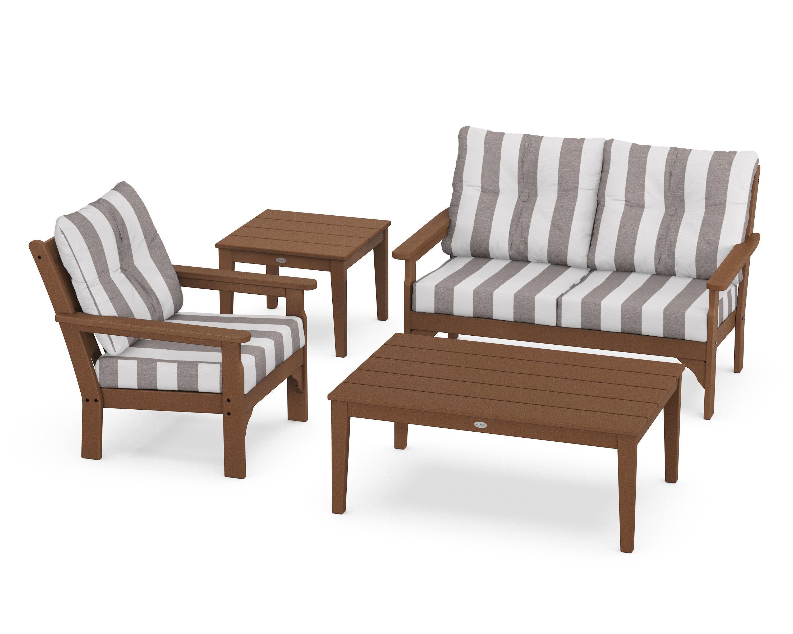 Vineyard 4-Piece Deep Seating Set in Teak / Cabana Stripe Grey Mist