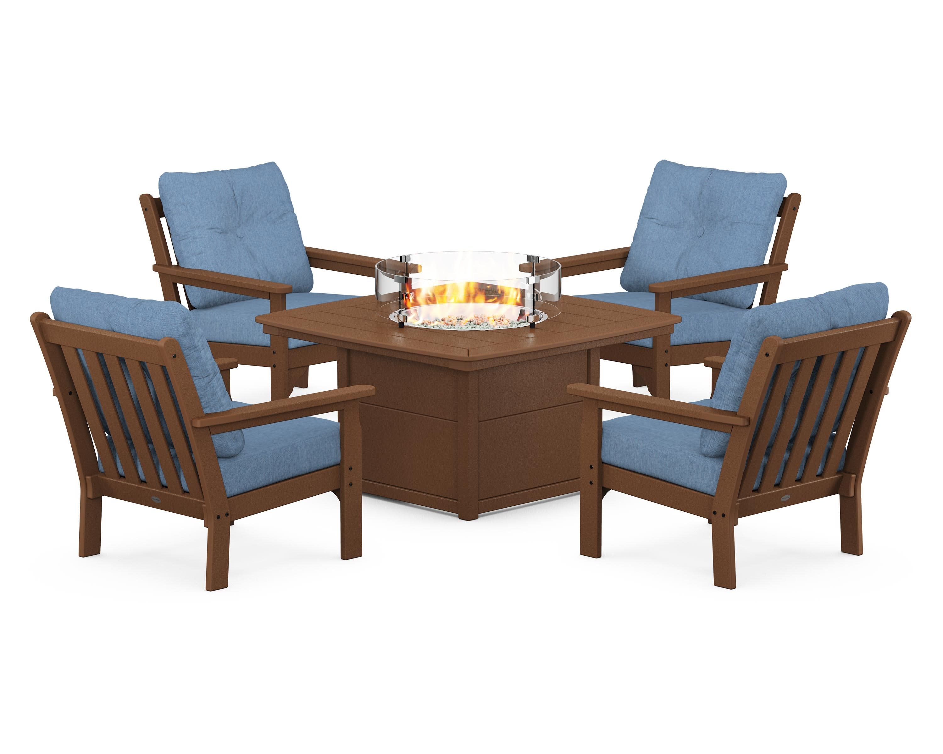Vineyard 5-Piece Conversation Set with Fire Pit Table in Teak / Sky Blue