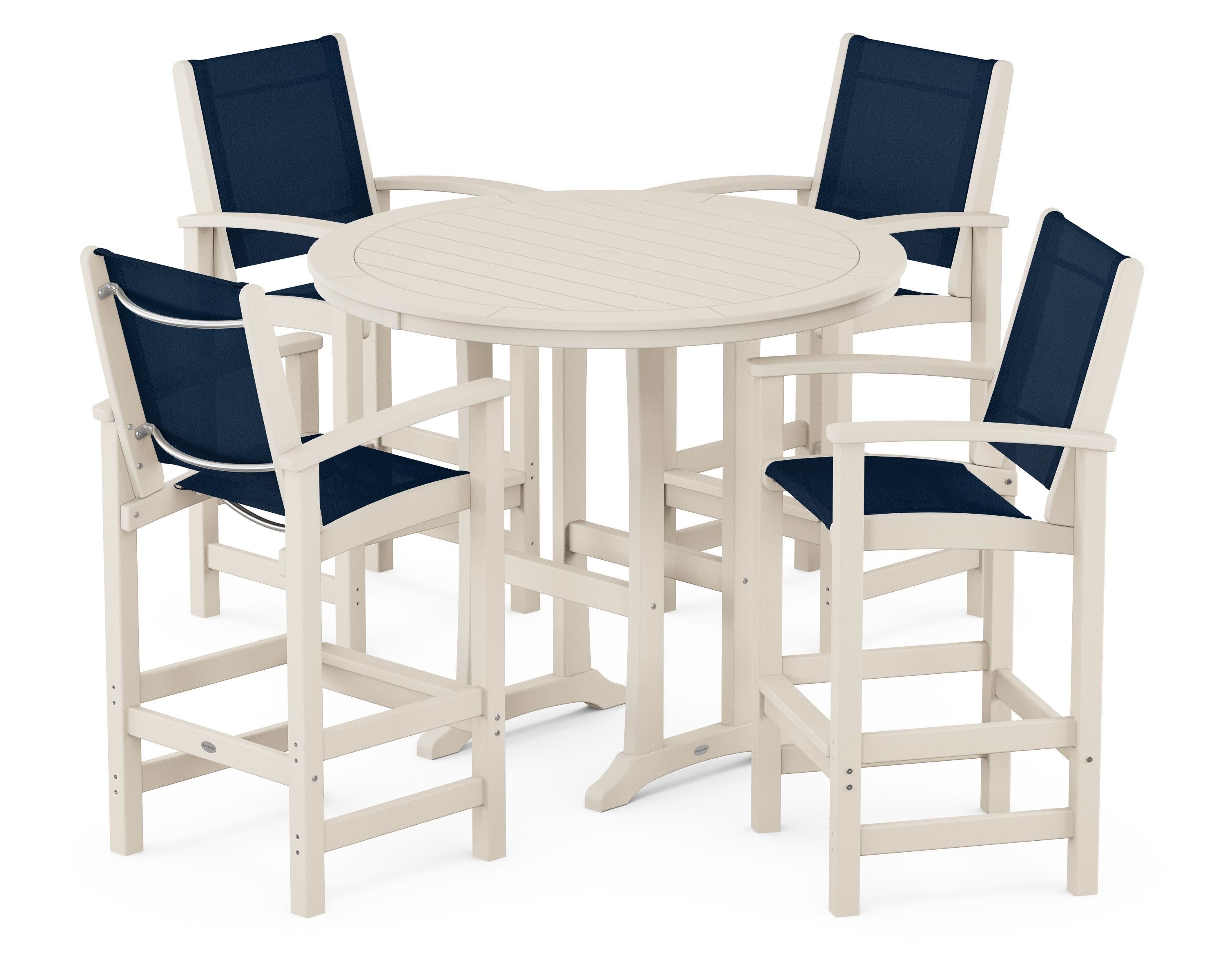 Coastal 5-Piece Nautical Trestle Bar Set in Sand / Navy Blue Sling