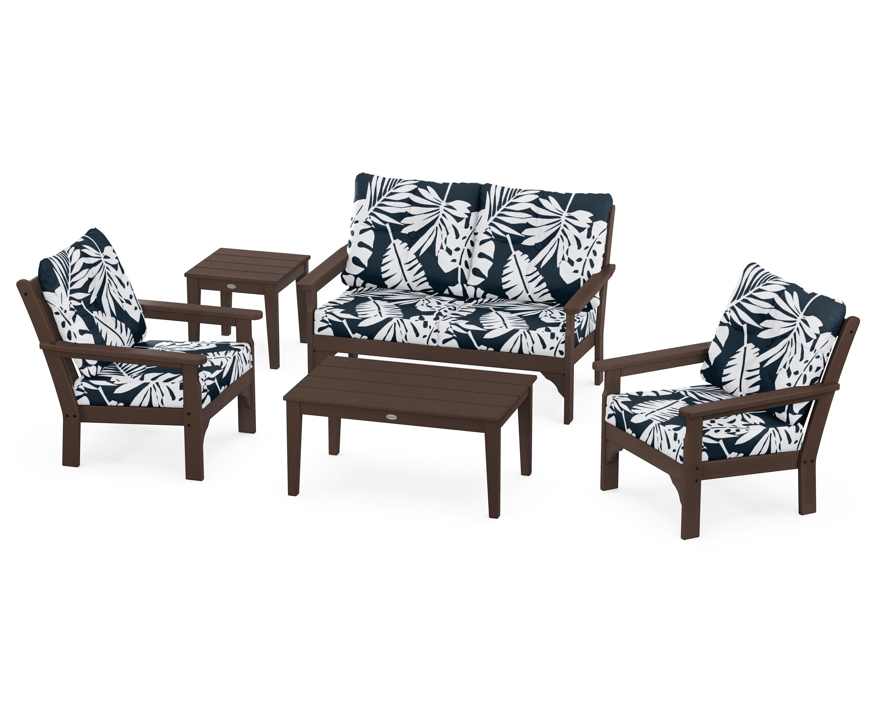 Vineyard 5-Piece Deep Seating Set in Mahogany / Leaf Marine Indigo
