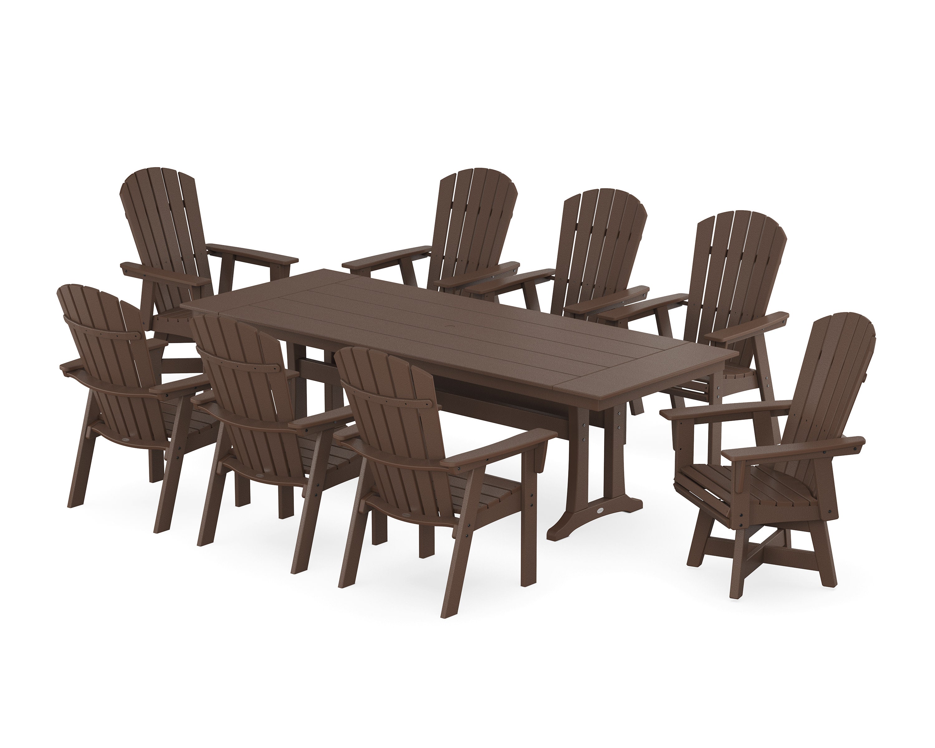 Nautical Curveback Adirondack Swivel 9-Piece Farmhouse Dining Set with Trestle Legs in Mahogany