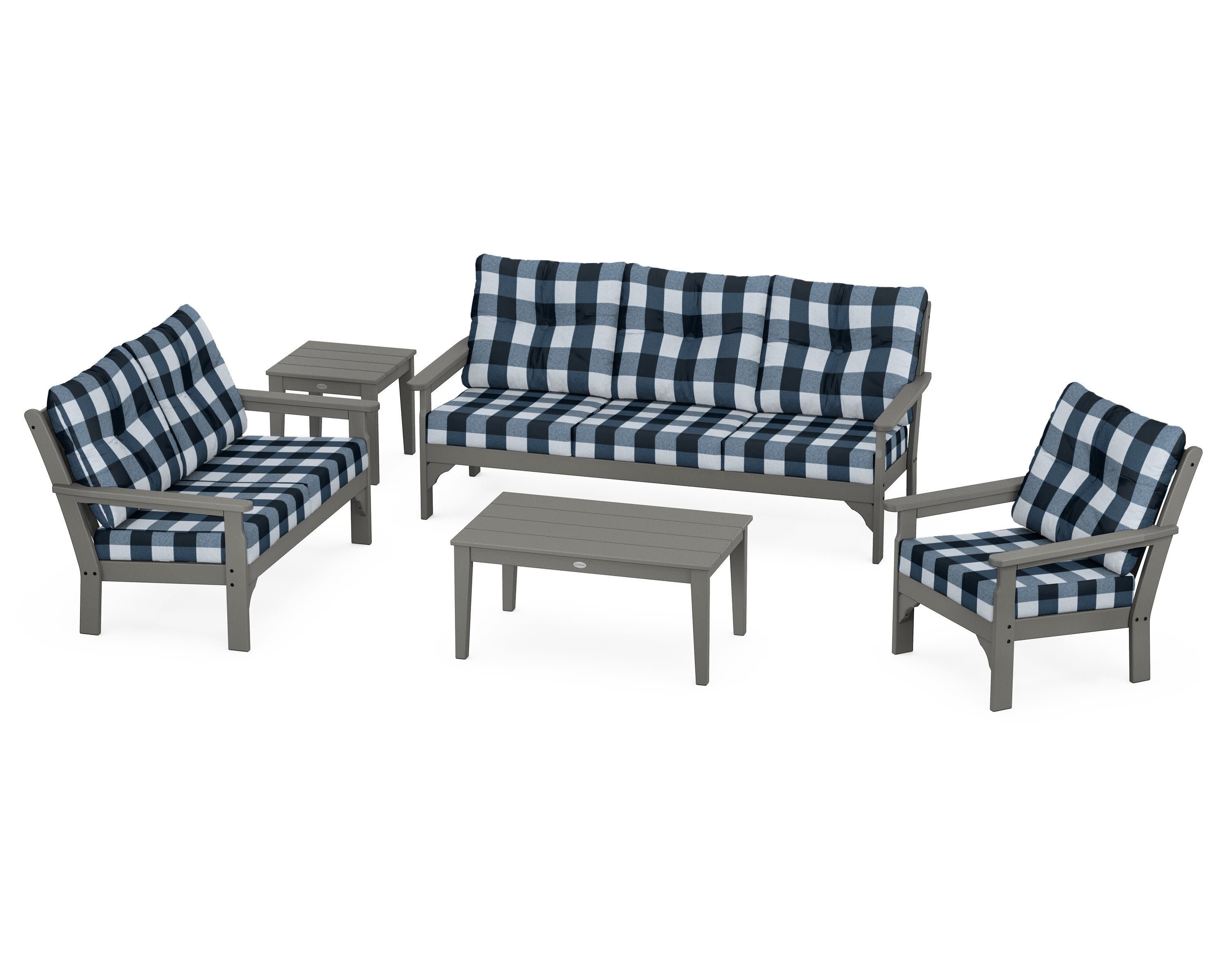 Vineyard 5 Piece Deep Seating Set in Slate Grey / Buffalo Plaid Marine Indigo