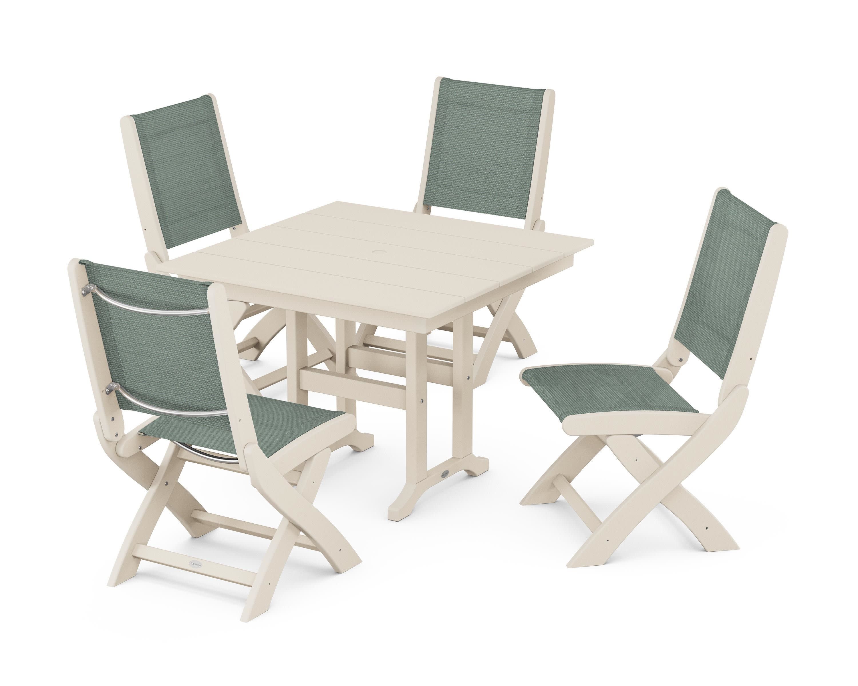Coastal Folding Side Chair 5-Piece Farmhouse Dining Set in Sand / Dupioni Sea Mist Sling