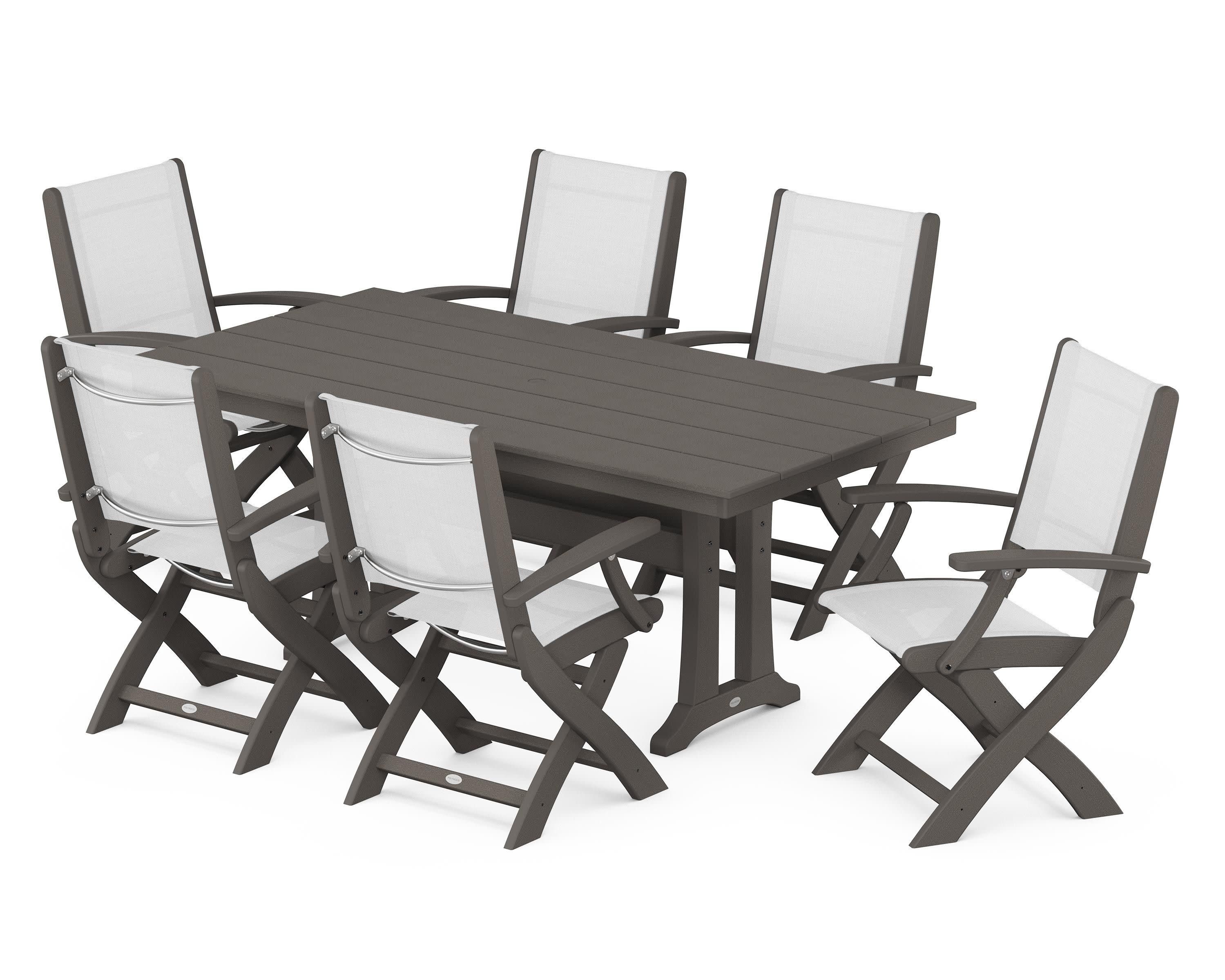 Coastal Folding Arm Chair 7-Piece Farmhouse Dining Set with Trestle Legs in Vintage Coffee / White Sling