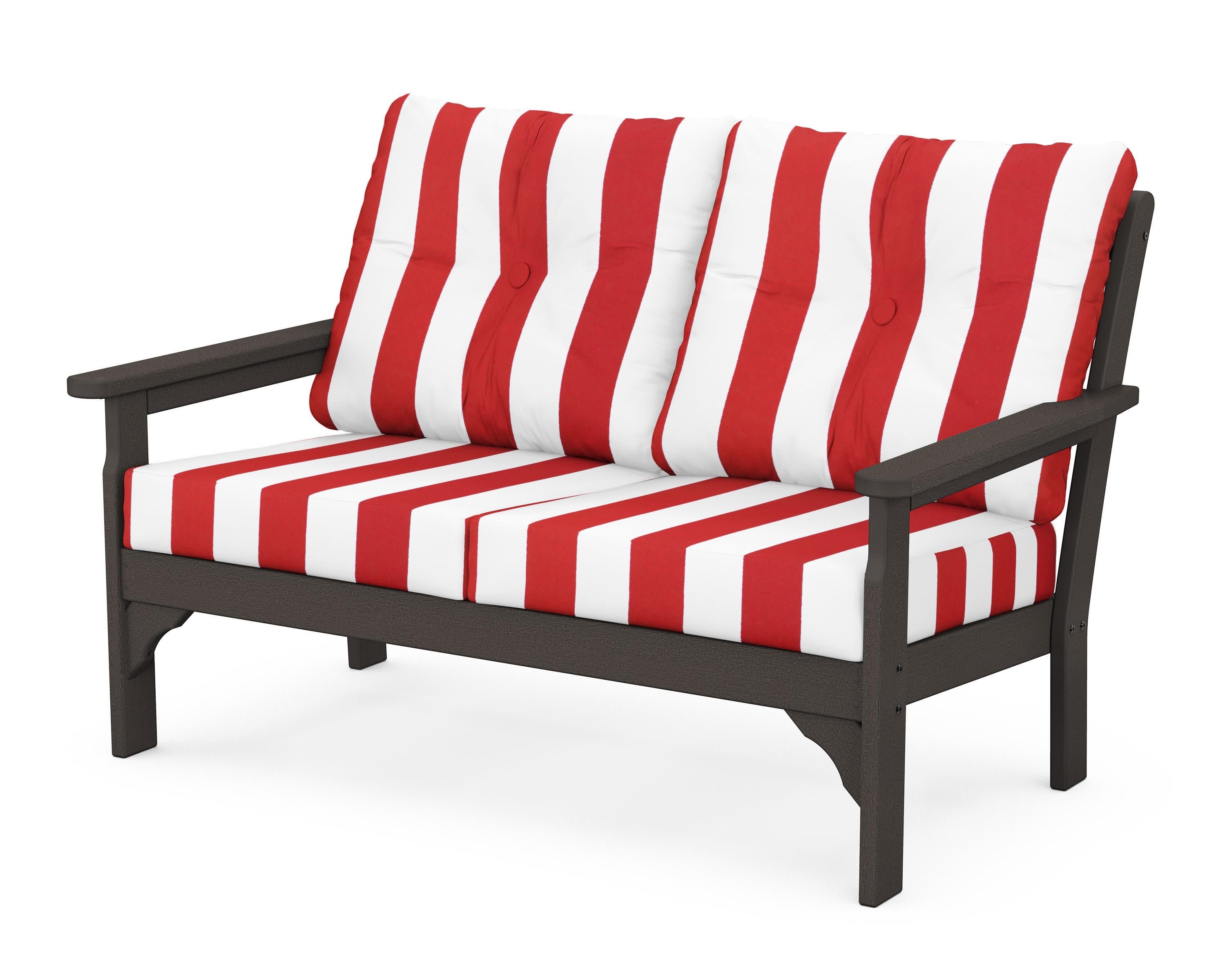 Vineyard Deep Seating Loveseat in Vintage Coffee / Cabana Stripe Crimson