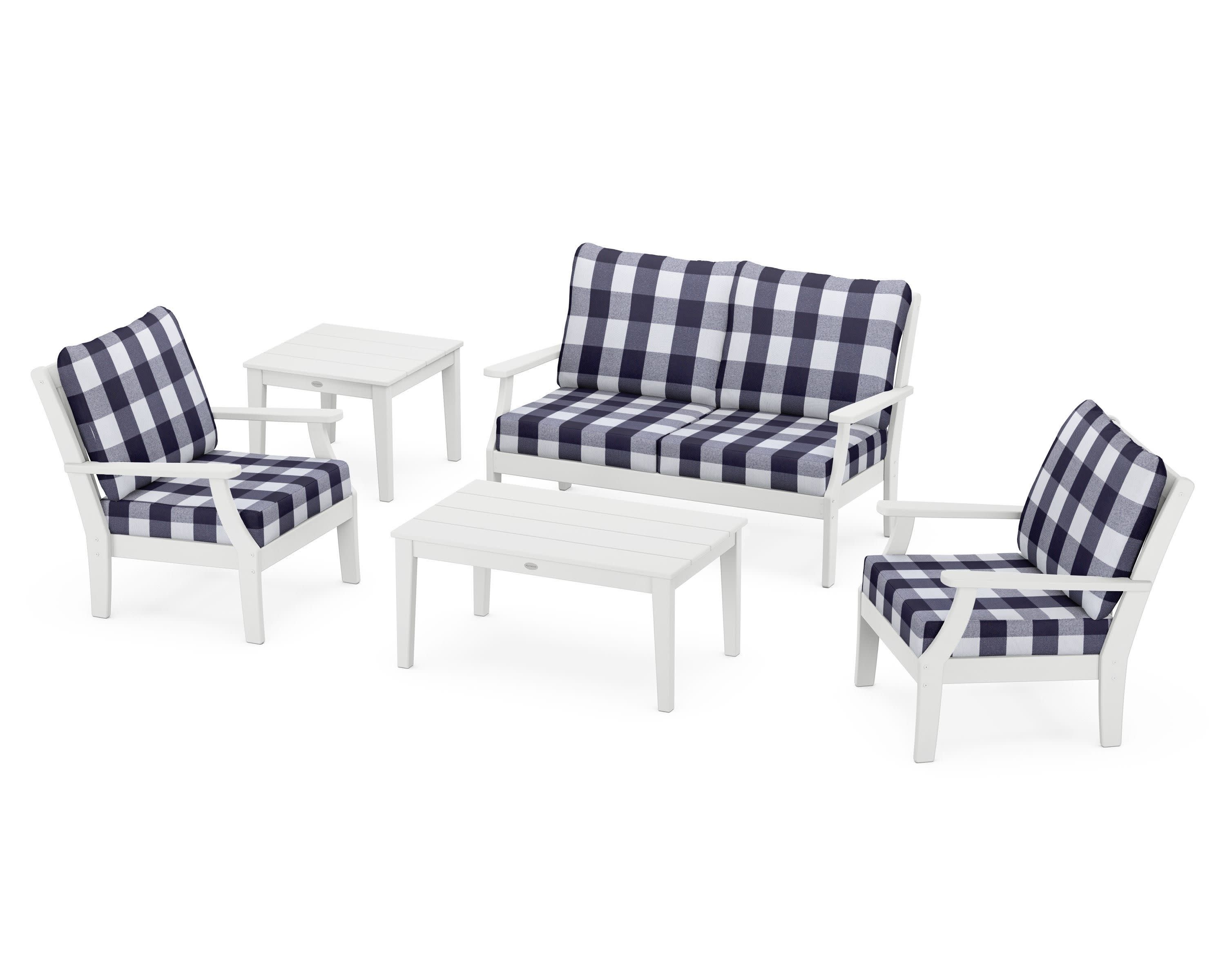 Braxton 5-Piece Deep Seating Set in White / Buffalo Plaid Navy