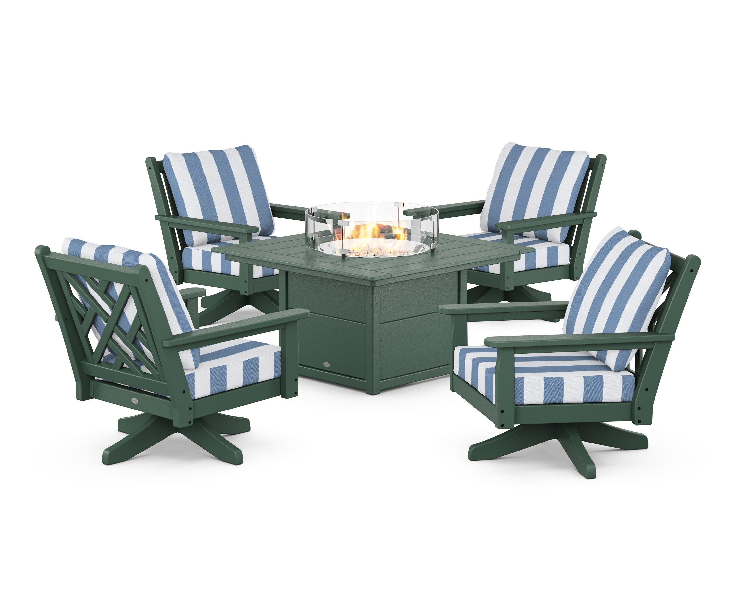 Chippendale 5-Piece Deep Seating Swivel Conversation Set with Fire Pit Table in Green / Cabana Stripe Sky Blue