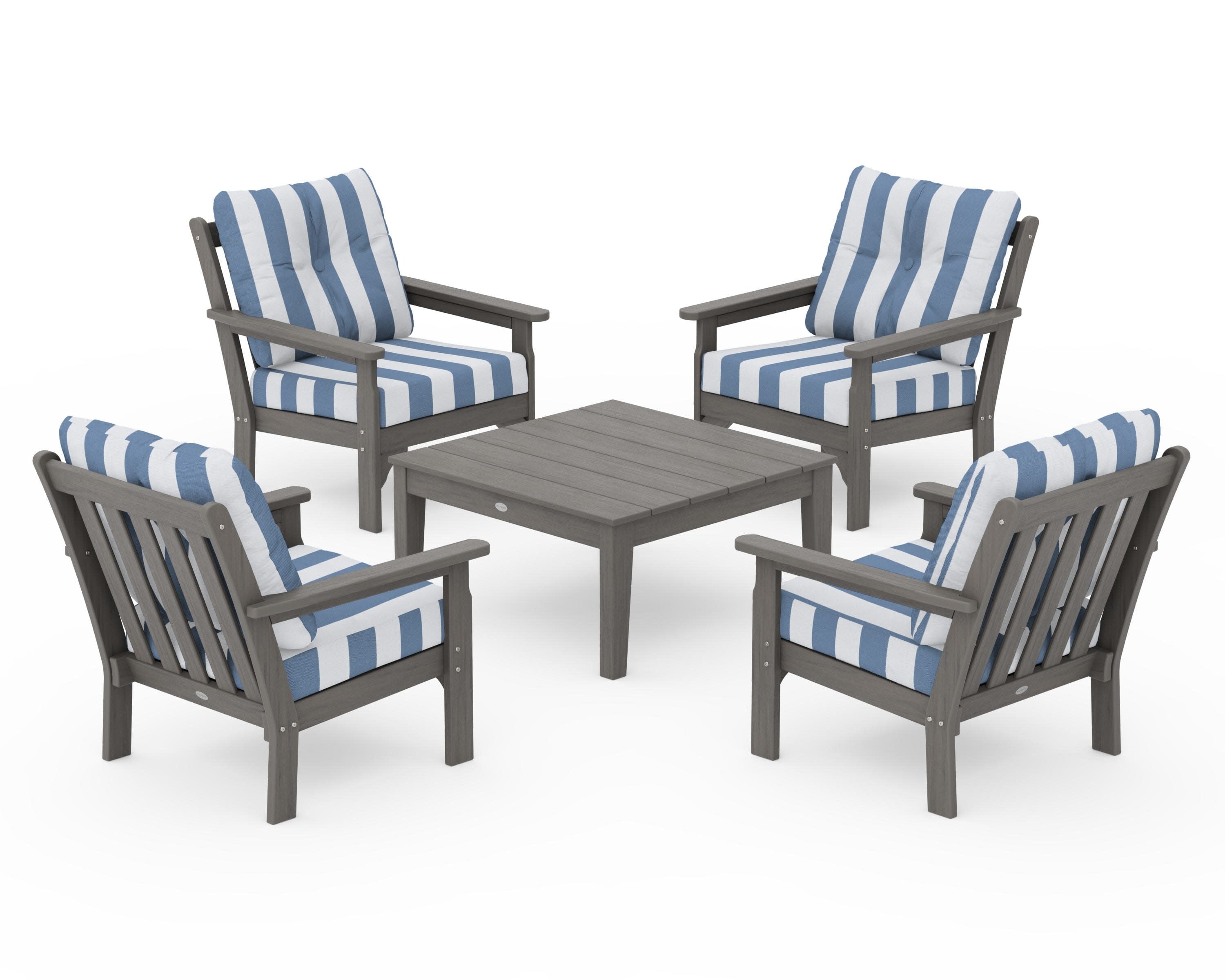 Vineyard 5-Piece Deep Seating Conversation Set in Driftwood / Cabana Stripe Sky Blue