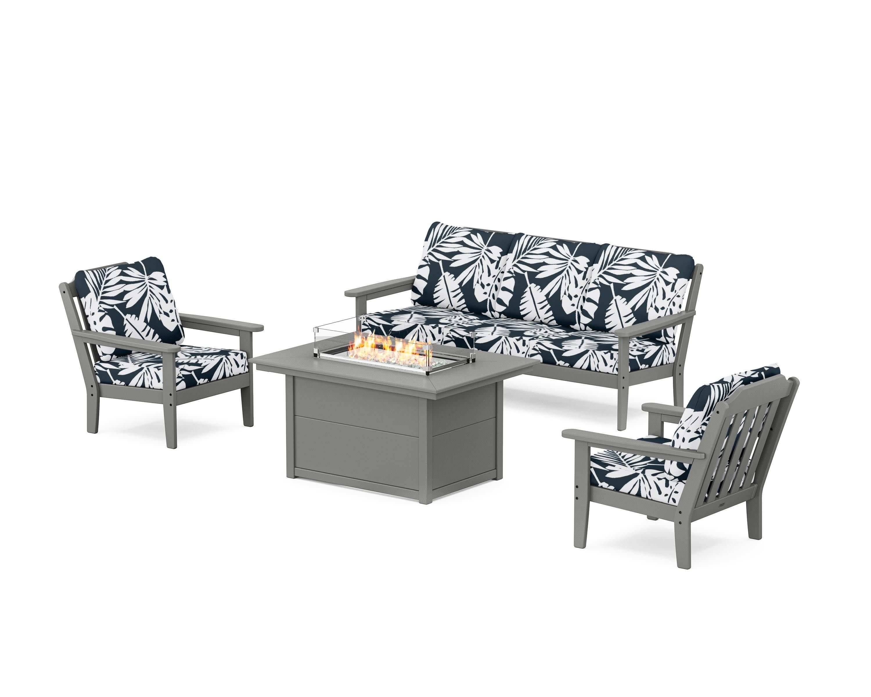 Cottage Deep Seating Fire Pit Table Set in Slate Grey / Leaf Marine Indigo