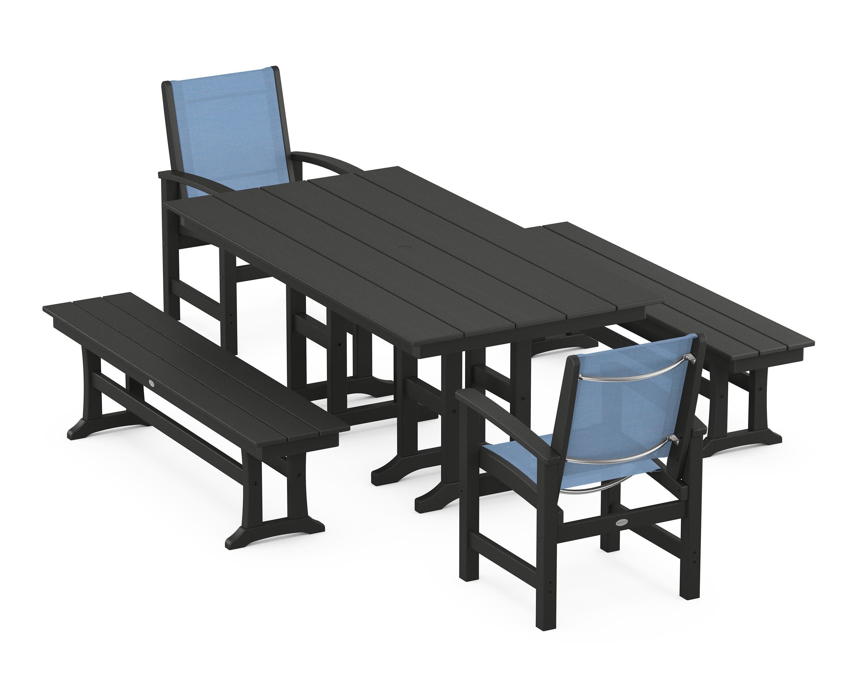 Coastal 5-Piece Farmhouse Dining Set in Black / Poolside Sling