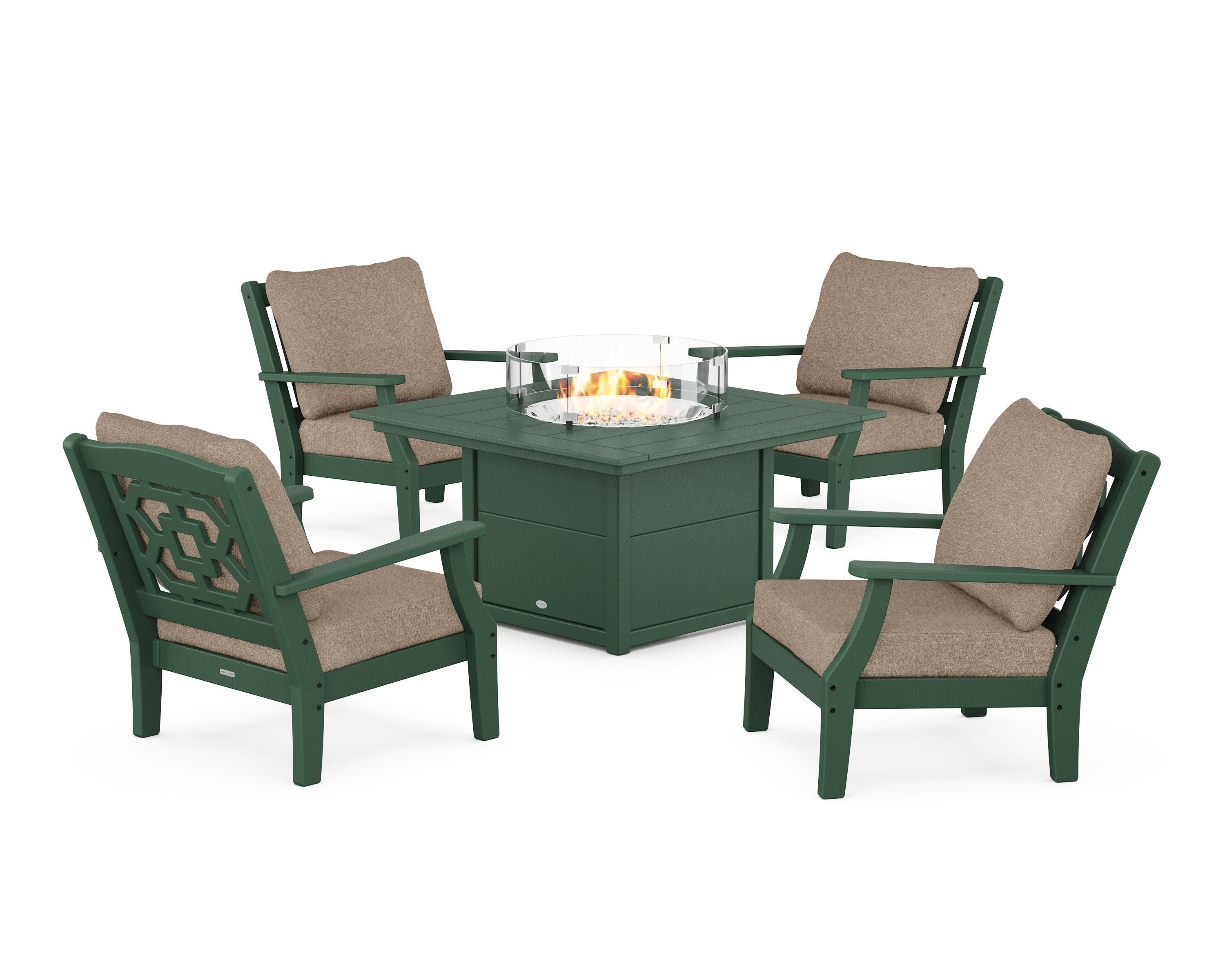 Chinoiserie 5-Piece Deep Seating Set with Fire Pit Table in Green / Spiced Burlap